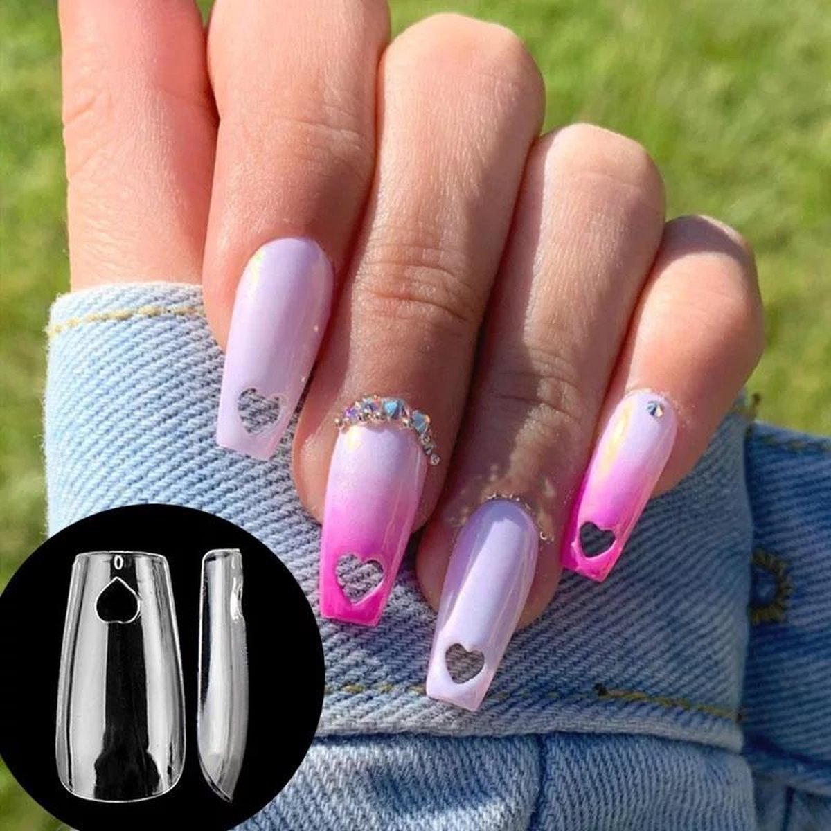 Gel Soft Flex Nepnagels Met Lijm Brush on glue - plaknagels Kniped Hearts long coffin  shape nagels press on nails 100% soak-off - Fake nails- Nageltips Full Cover 240 Stuks Transparant / Clear Tips van hoge kwaliteit + nagelvijl+ nagellijm