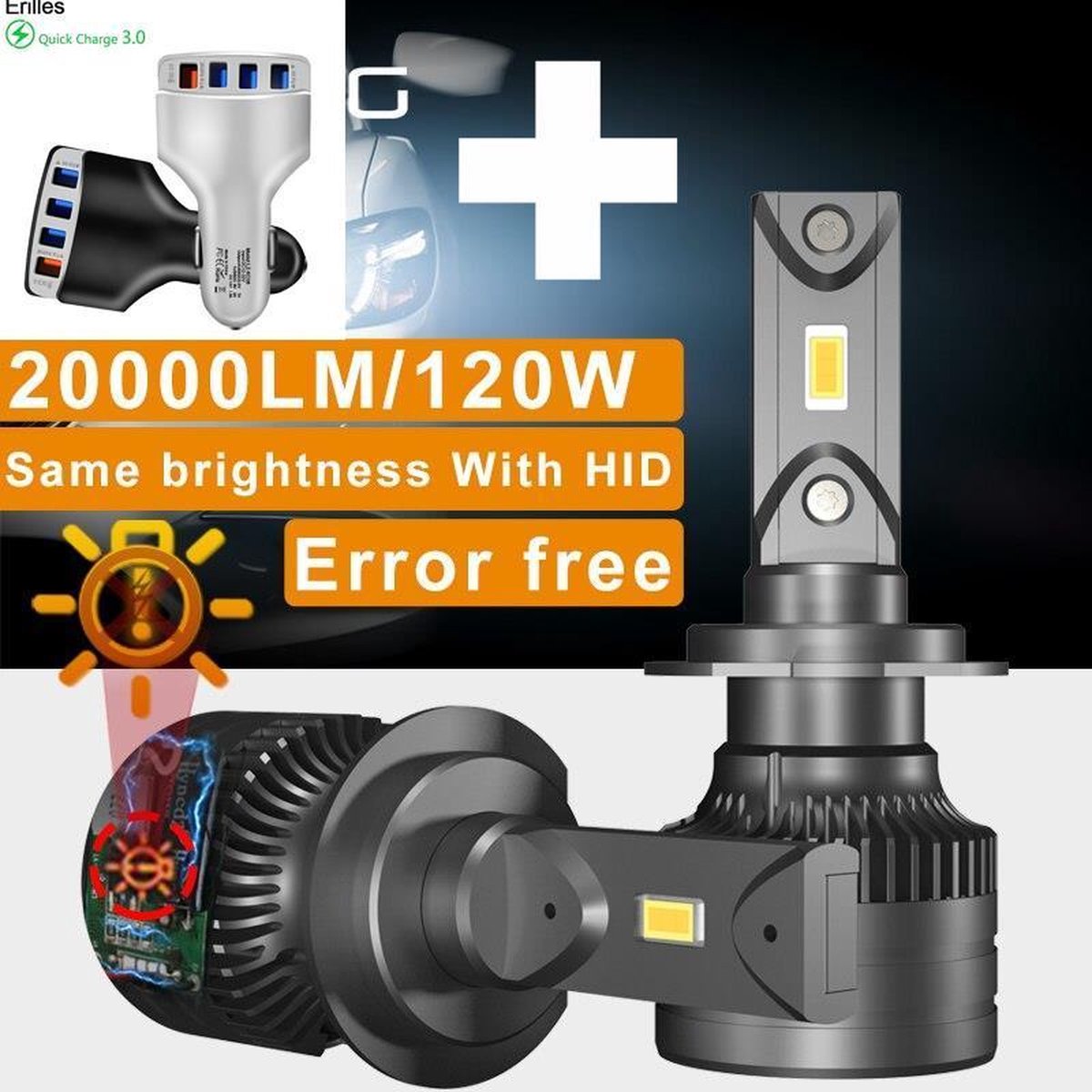 H7 LED lamp (set 2 stuks) | CANbus EMC CHip 20000 Lumen 6500k Ultra-bright Helder Wit 120 Watt Motor / Auto / Scooter / Dimlicht / Grootlicht / Koplampen