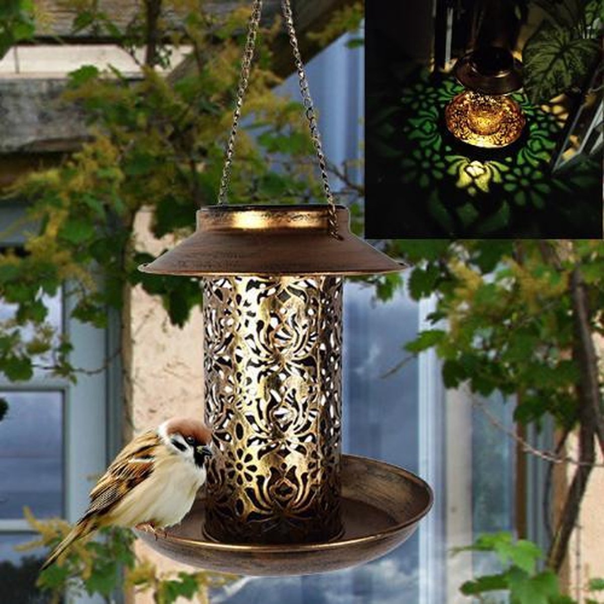 Dierplezier - Voederhuisje - Vogel voederbak - Hang voederbak vogels - Voeder of drinkbak vogels - Bronzen vogel voederhuisje – Solar voederbak  – Voederbak boom – Drinkbak vogels – Zonne energie voederhuis