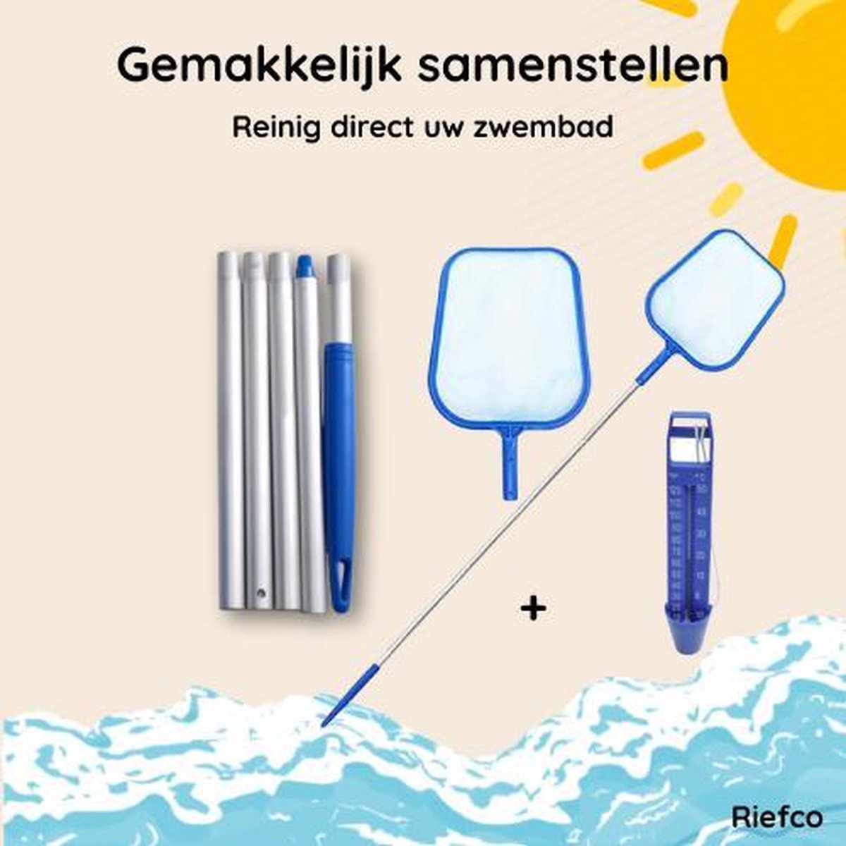 Riefco Zwembad schepnet Inclusief telescoop stang 120 cm - Inclusief zwembadthermometer