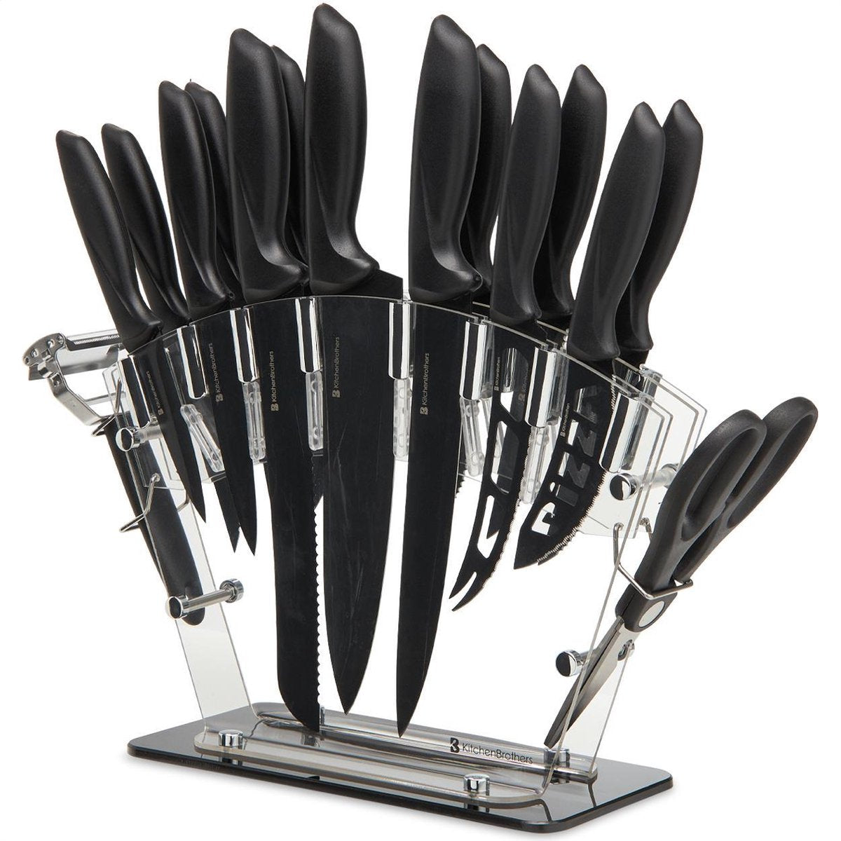 KitchenBrothers Messenset met Blok - 17-Delig - Keukenmessen incl. Koksmes - Messenslijper en Keukenschaar - Anti Kleeflaag - Zwart