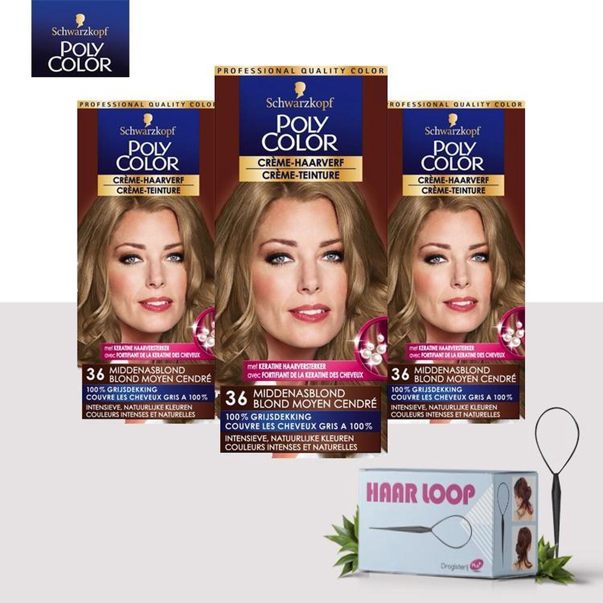 Schwarzkopf Poly Color Creme Haarverf - 36 Middenasblond - 3 Pack Voordeelverpakking + Haarloop