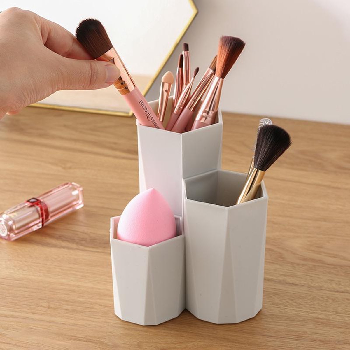 WiseGoods Premium Make-Up Kwasten Houder - 3 Stuks - Multifunctioneel - Modern Design - Make-up Organizer - Grijs