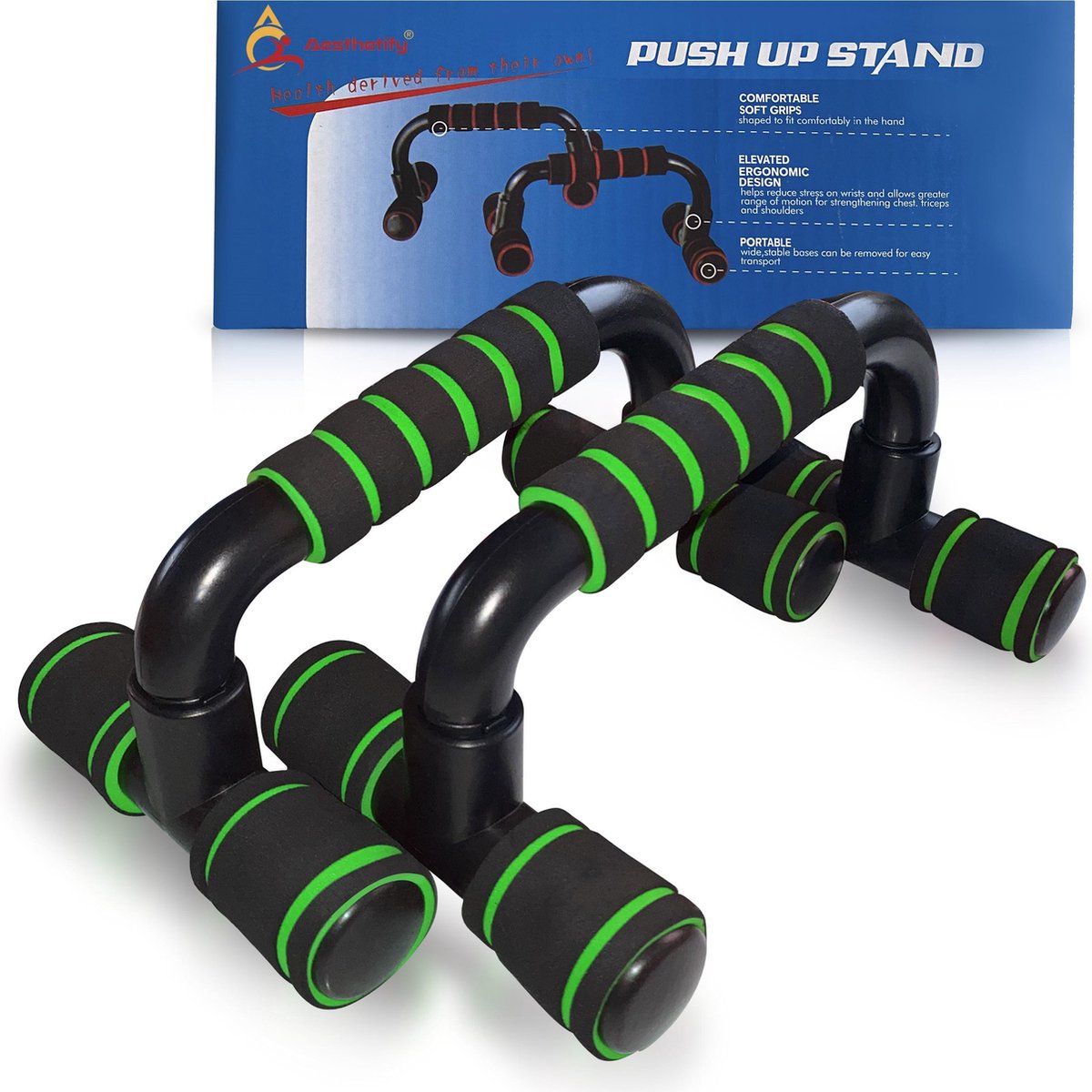 Aesthetify Push Up Bars - Opdruksteunen - Push Up Grips - Anti slip - Ergonomische grepen - Thuis Fitness - Compact - Groen
