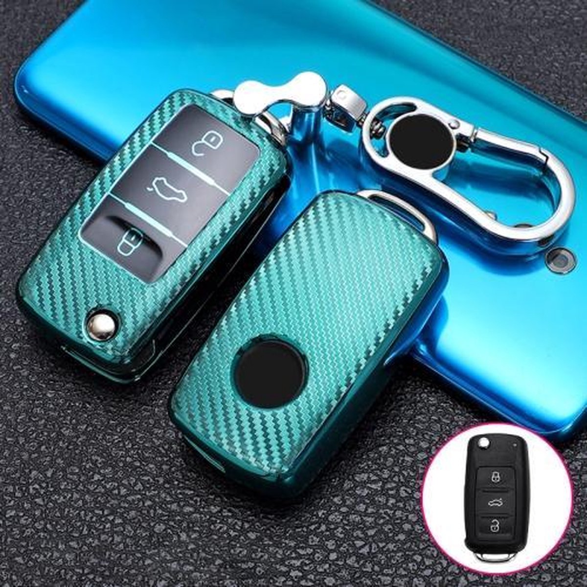 Voor Skoda Opvouwbare 3-knops auto TPU-sleutel beschermhoes Sleutelhoes met sleutelring (groen)