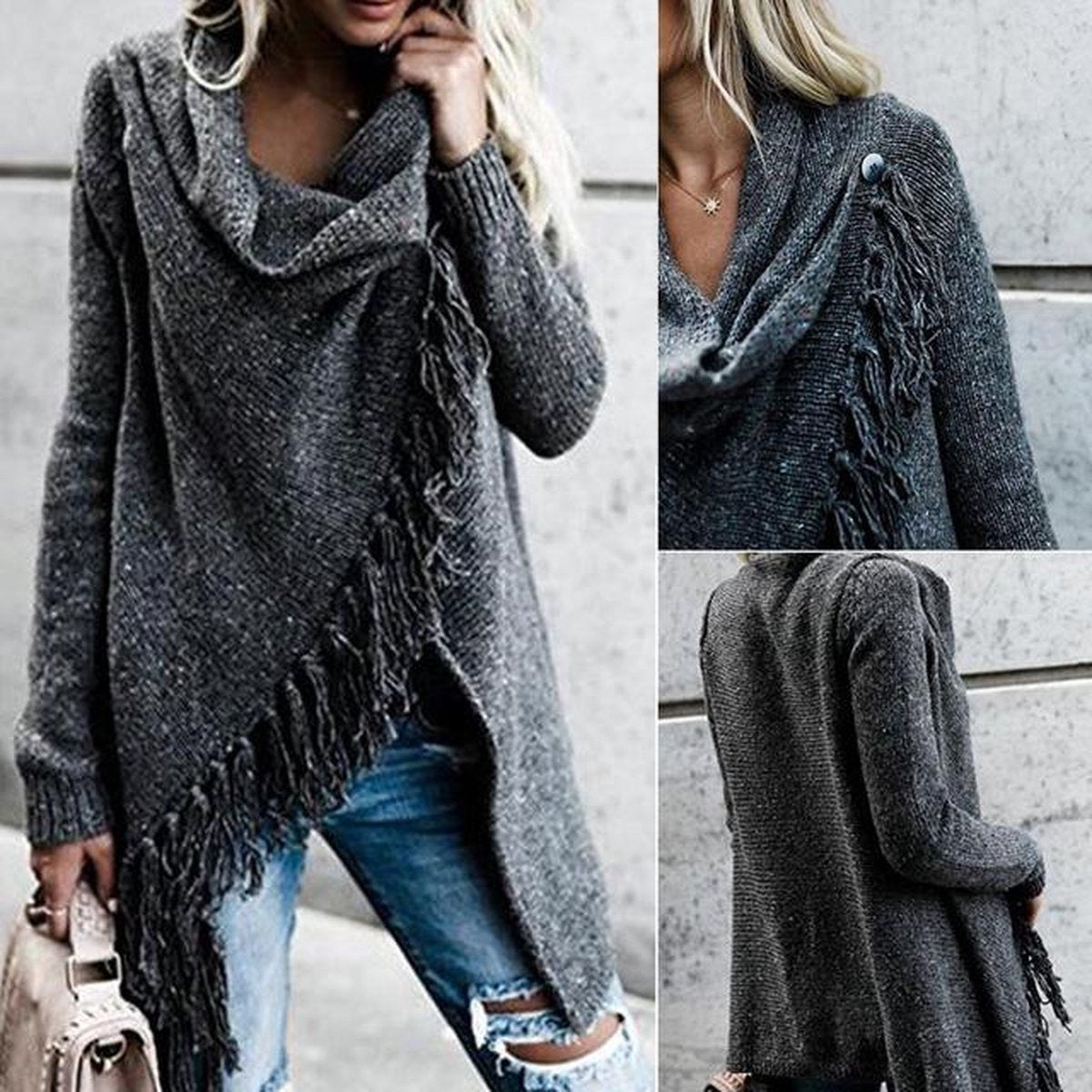 Gebreide Tassel Vest - Maat M - Donkergrijs - Bohemian Ibiza stijl