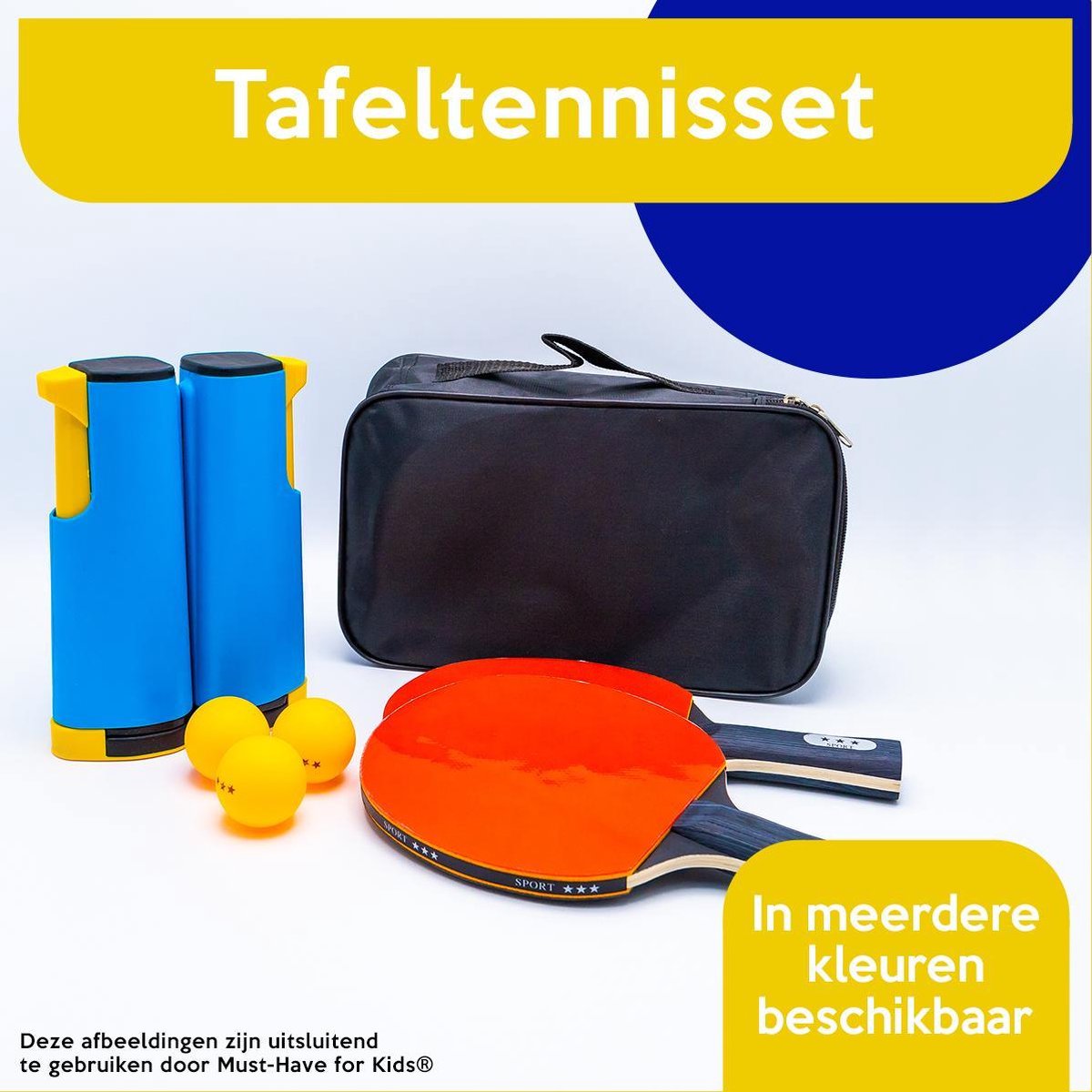 Tafeltennisset "Blauw/Geel" - Uitschuifbaar - Tafeltennisnet - Ping Pong - 3 Balletjes - 2 Batjes