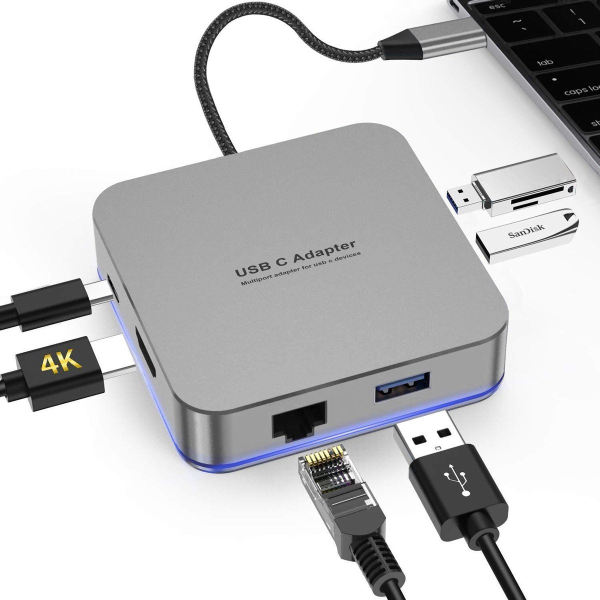SBVR EV39 | 6 in 1 USB-C Adapter Hub | HDMI (4K) / RJ45 Ethernet / 3* USB-A 3.0 / USB-C Power Delivery | Voor MacBook Air / Pro / HP / Dell / Huawei / Microsoft
