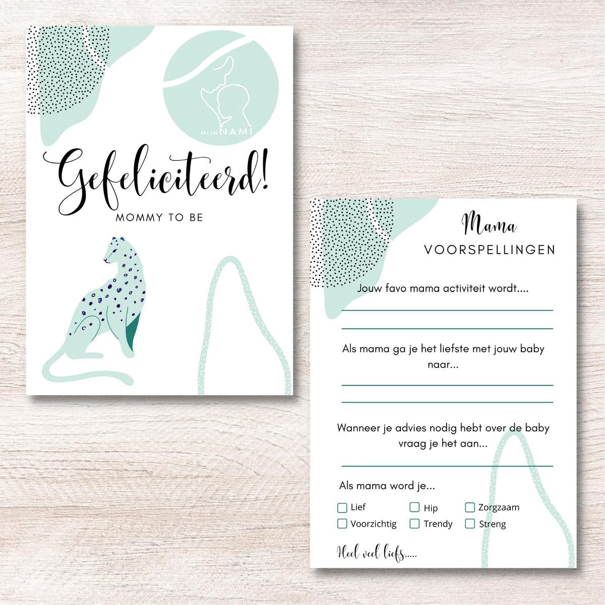 Babyshower Invulkaarten Panter Mint 10 stuks - A6 300 Grams - Mama voorspellingen - Babyvoorspellingen
