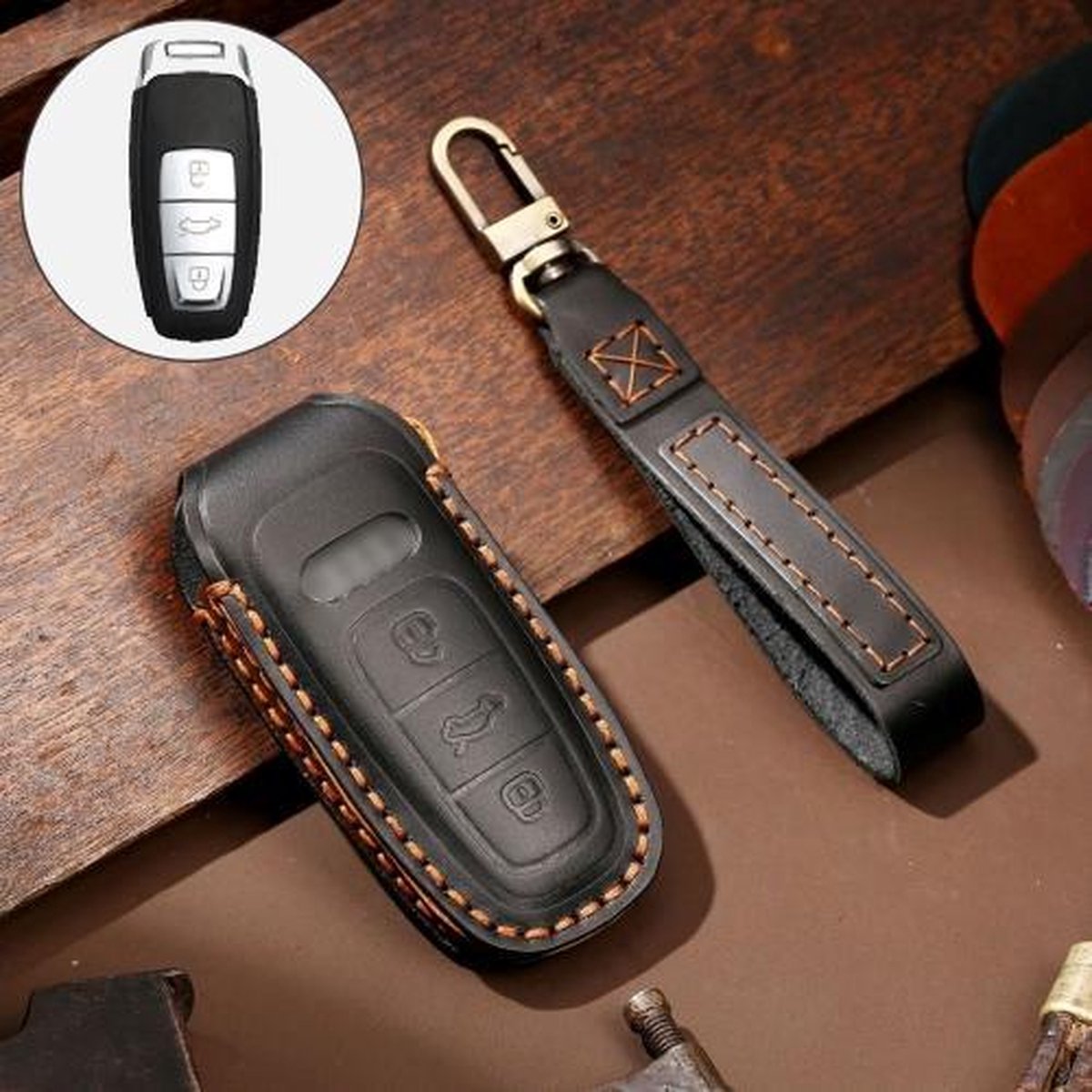 Hallmo Auto Koeienhuid Lederen Sleutel Beschermhoes Sleutel Case voor Audi A6L / A8L / A4 / A7 / A5 C Stijl (Zwart)