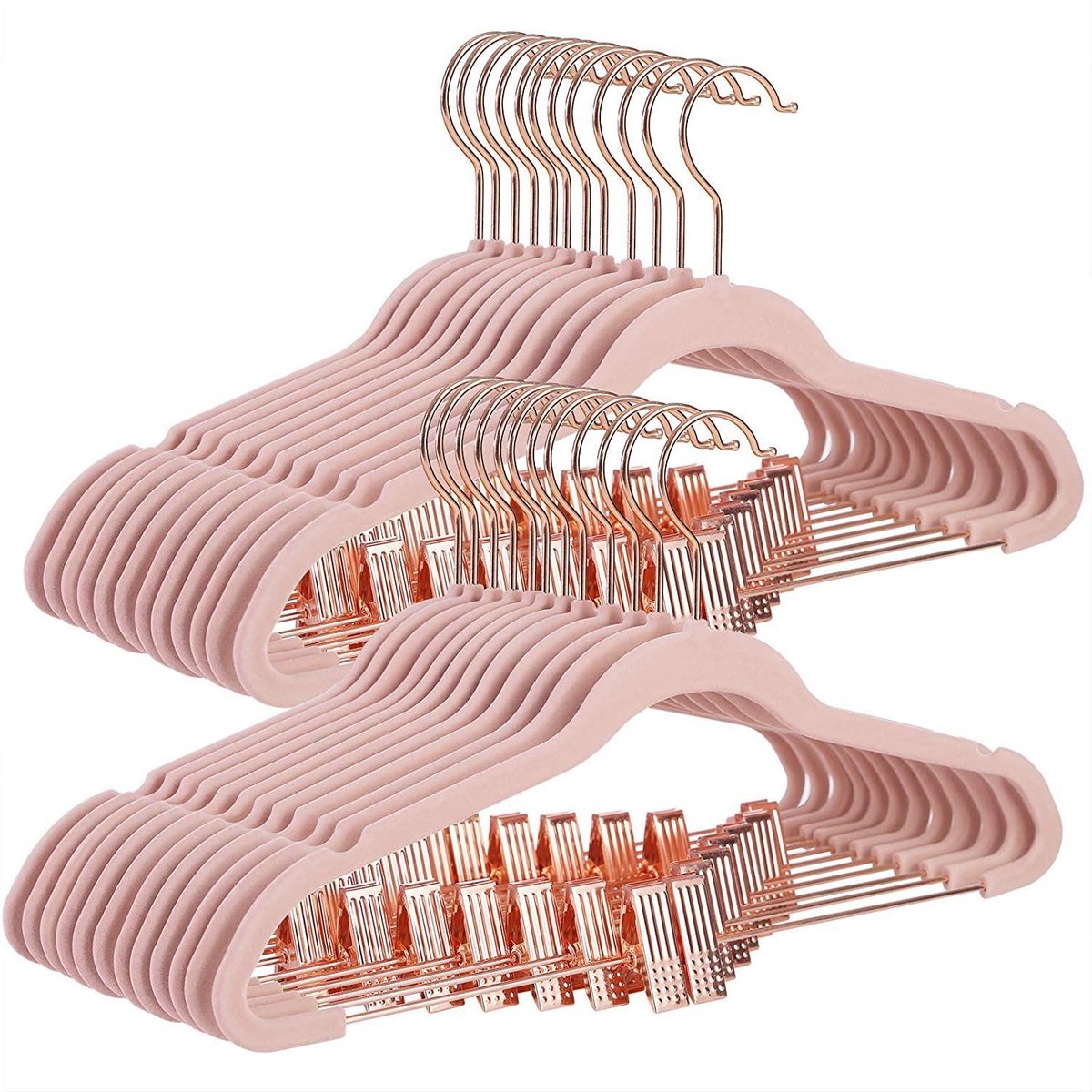 Nancy's Fluwelen Kledinghangers- Set van 24- 42.5 cm - Broekhanger - Kleerhanger - Verstelbare Clips - Roségoud - Lichtroze - Anti-Slip