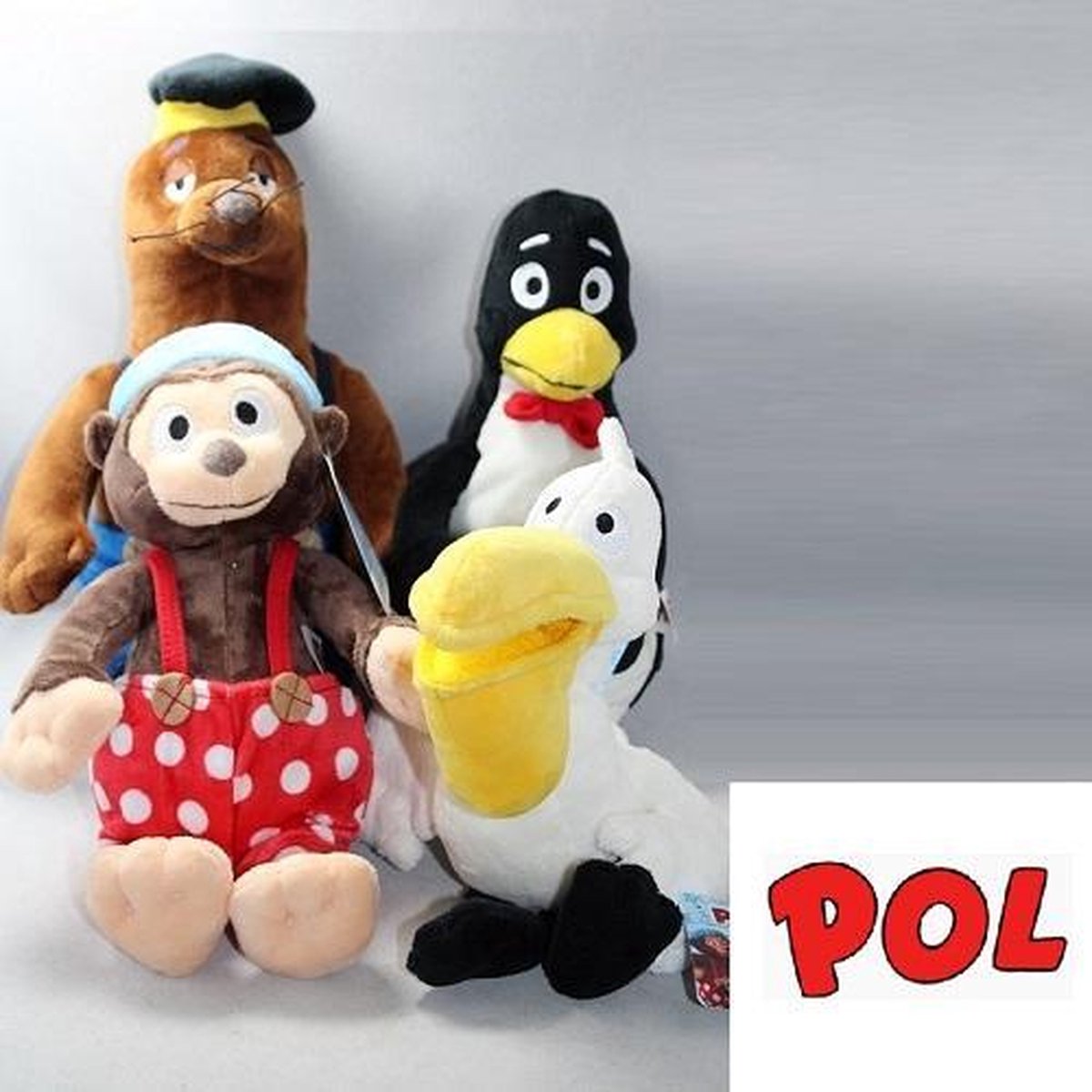 4 x Knuffel Stripfiguur Pol (beer/ pinguin/ pelikaan)
