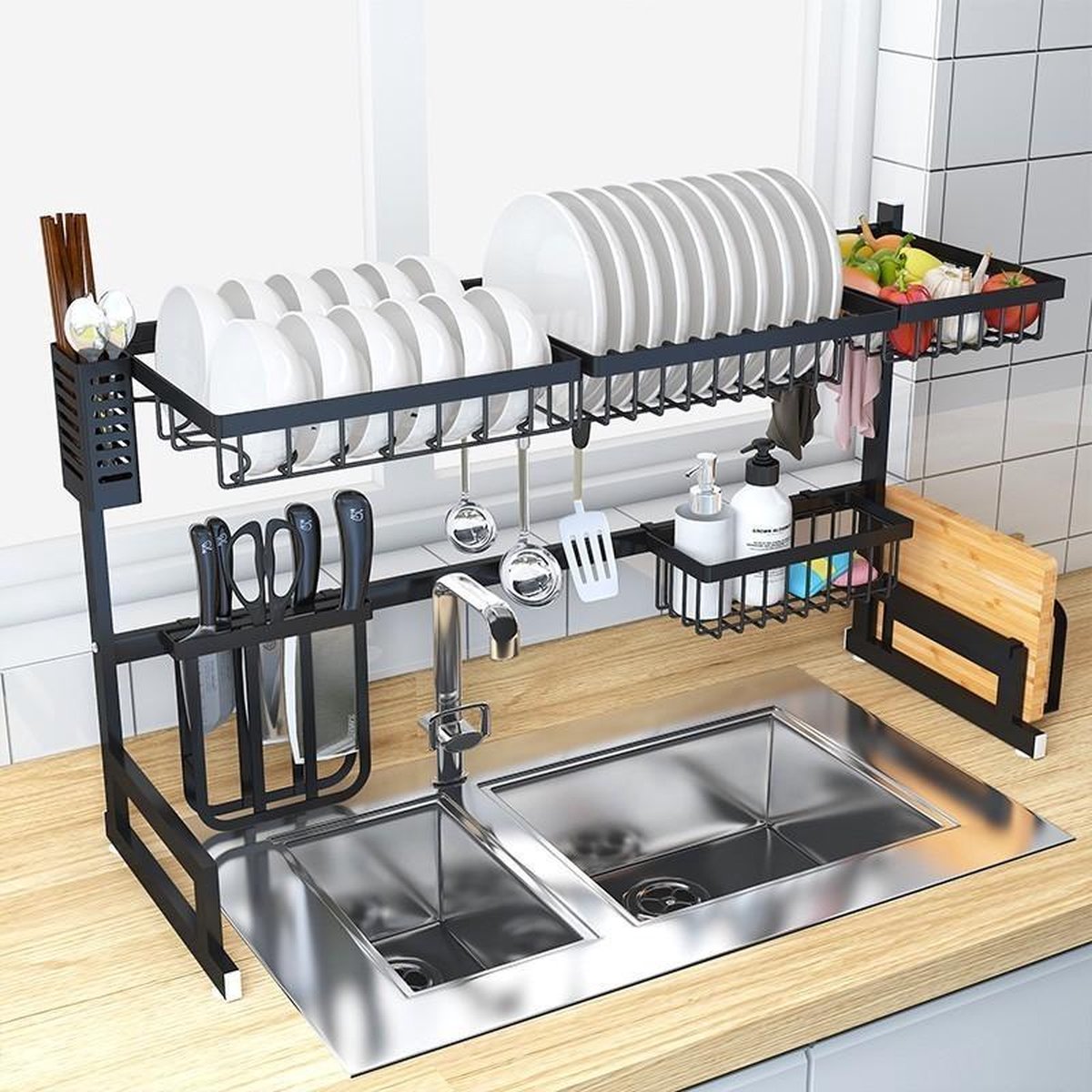 Afdruiprek voor boven de gootsteen - 9 Delig Afwasrek met bestekhouder - Roestvrijstalen afdruiprek - Opbergplank Zwart 85cm - Afdruiprekken - Aanrecht Organiser - Keuken Organizers - Afdruiprek Metaal