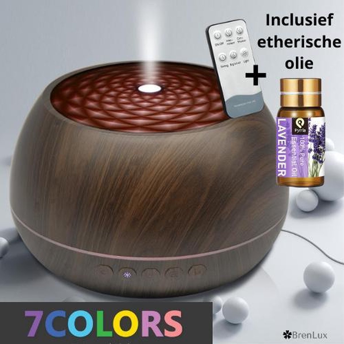 ✿Brenlux Aromadiffuser - Geurverspreider – 7 kleuren aromatherapie - Met afstandsbediening - Vernevelaar - Aromatherapie in hout - Luchtbevochtiger - Aromalamp - ULTRASTIL - Met timer - Inclusief etherische olie