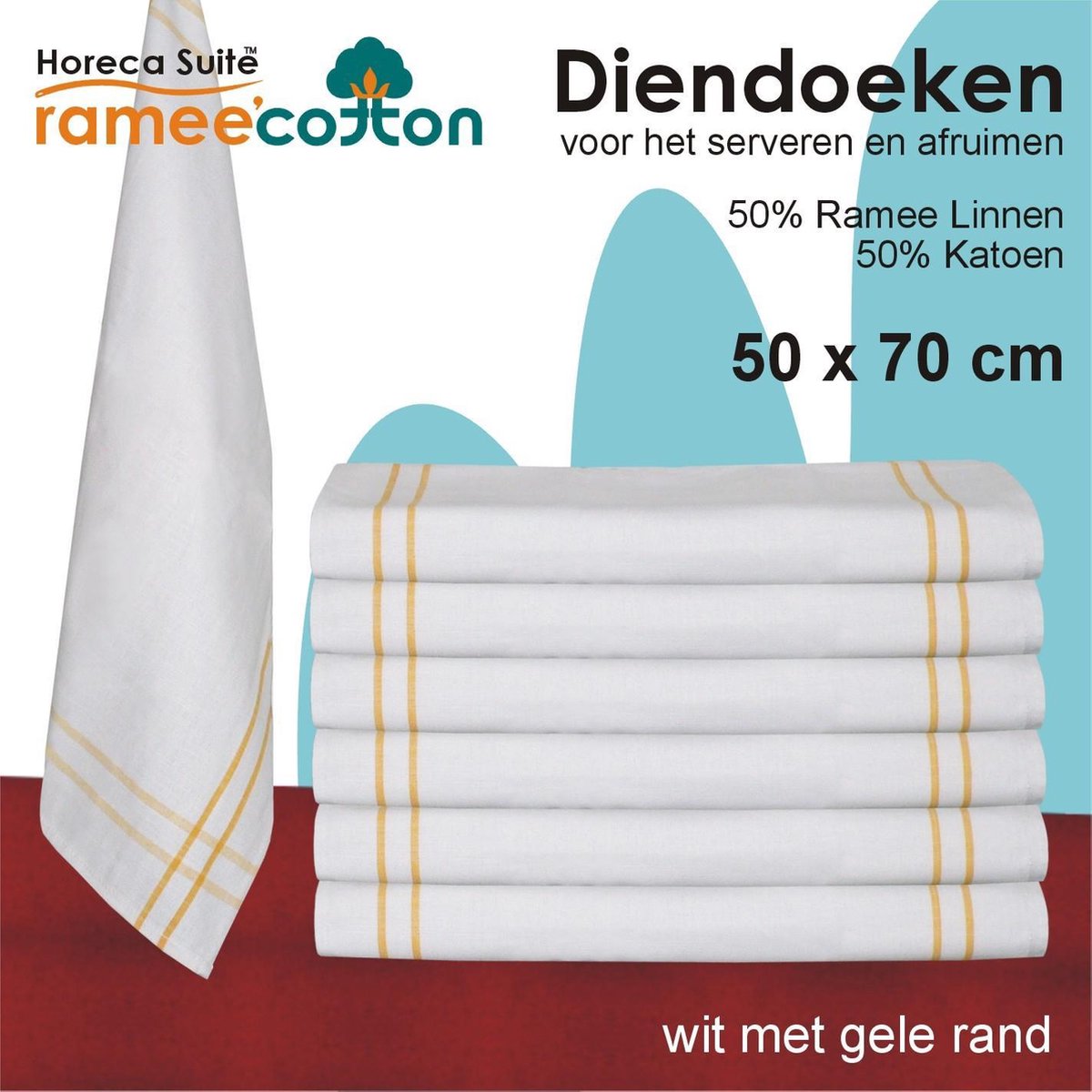 Homéé - Diendoek - Poleerdoek - 50x70cm - 50% katoen 50% ramee 12 stuks - wit met gele rand