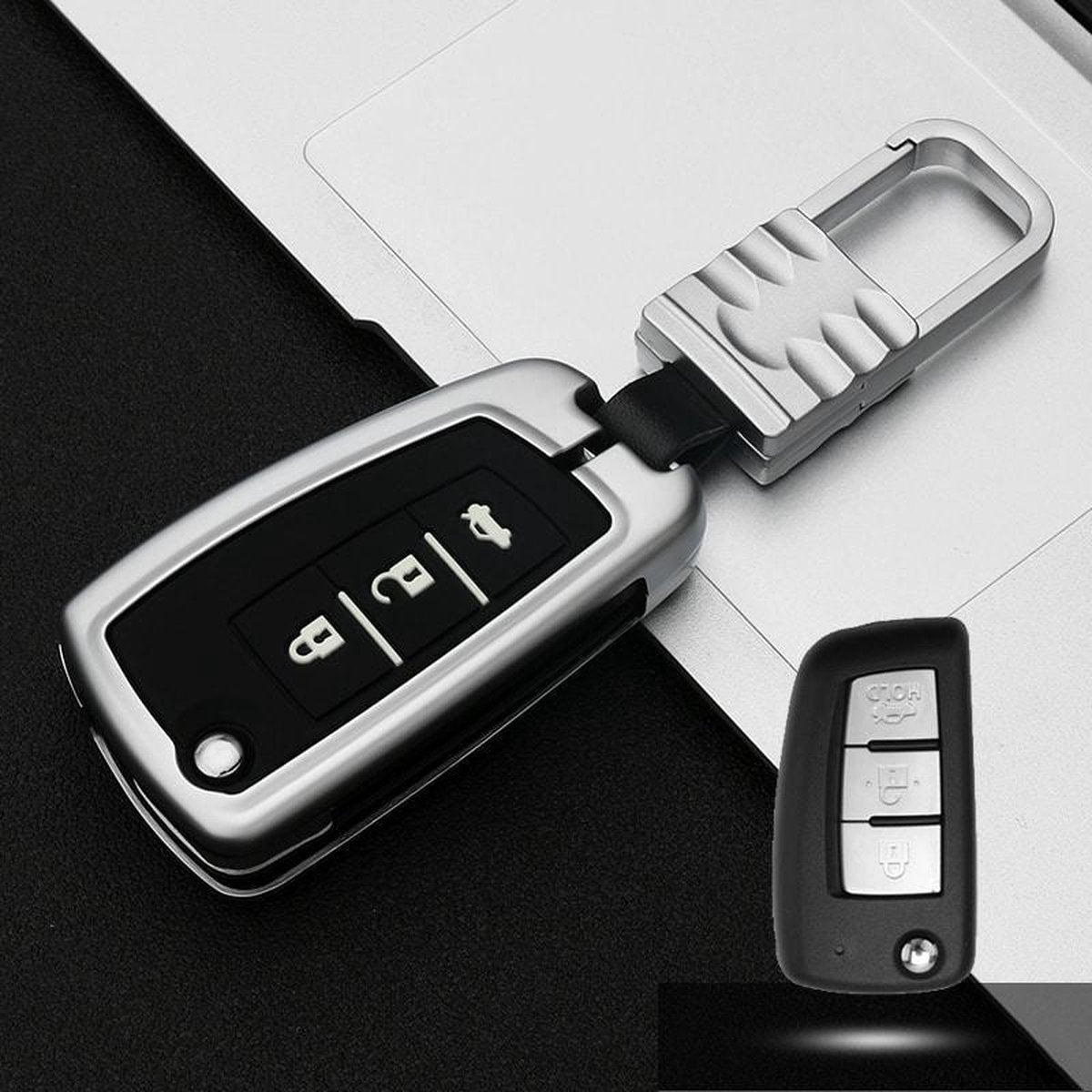 Auto Lichtgevende All-inclusive Zinklegering Sleutel Beschermhoes Sleutel Shell voor Nissan F Stijl Vouwen 3-knop (Zilver)