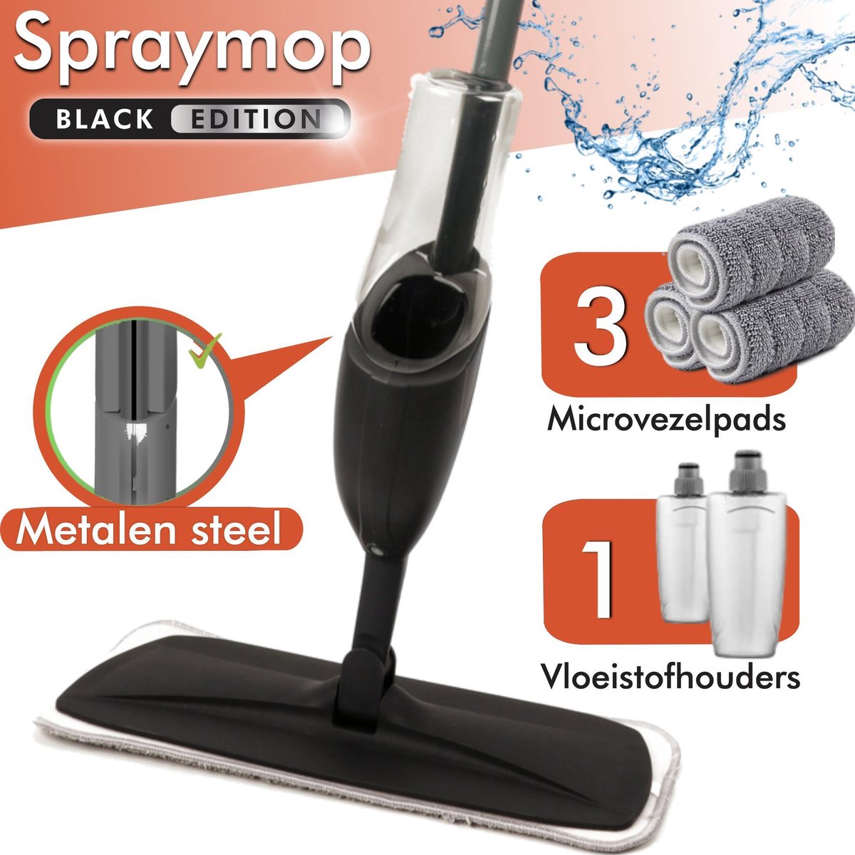 Spray mop Black Edition - Dweilsysteem -  vloerwisser met spray functie - 42cm wisbreedte dweil - Incl. stoffer en blik - Vloertrekker met steel - Vloerreiniger - Bezem
