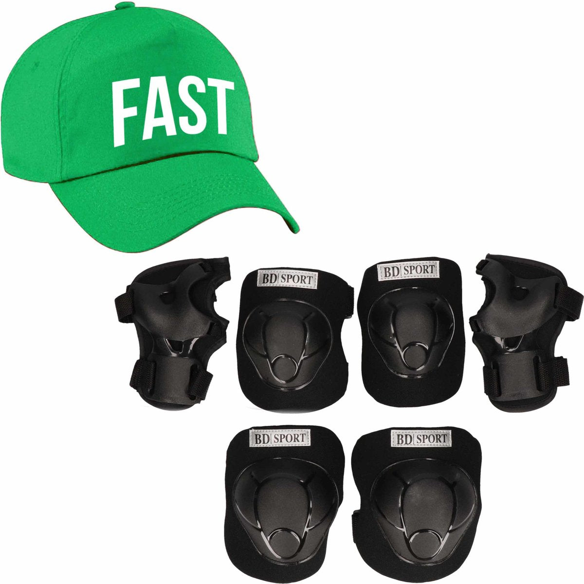Set van valbescherming voor kinderen maat  M / 6 tot 8 jaar met een stoere FAST pet groen