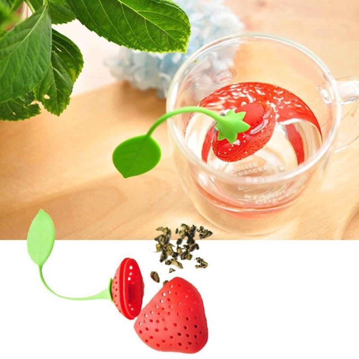 WiseGoods Theezeefjes voor Losse Thee - Thee Ei - Theezeef Vorm Aardbei met een Blaadje - Thee Filter - Keuken Accessoires - Rood