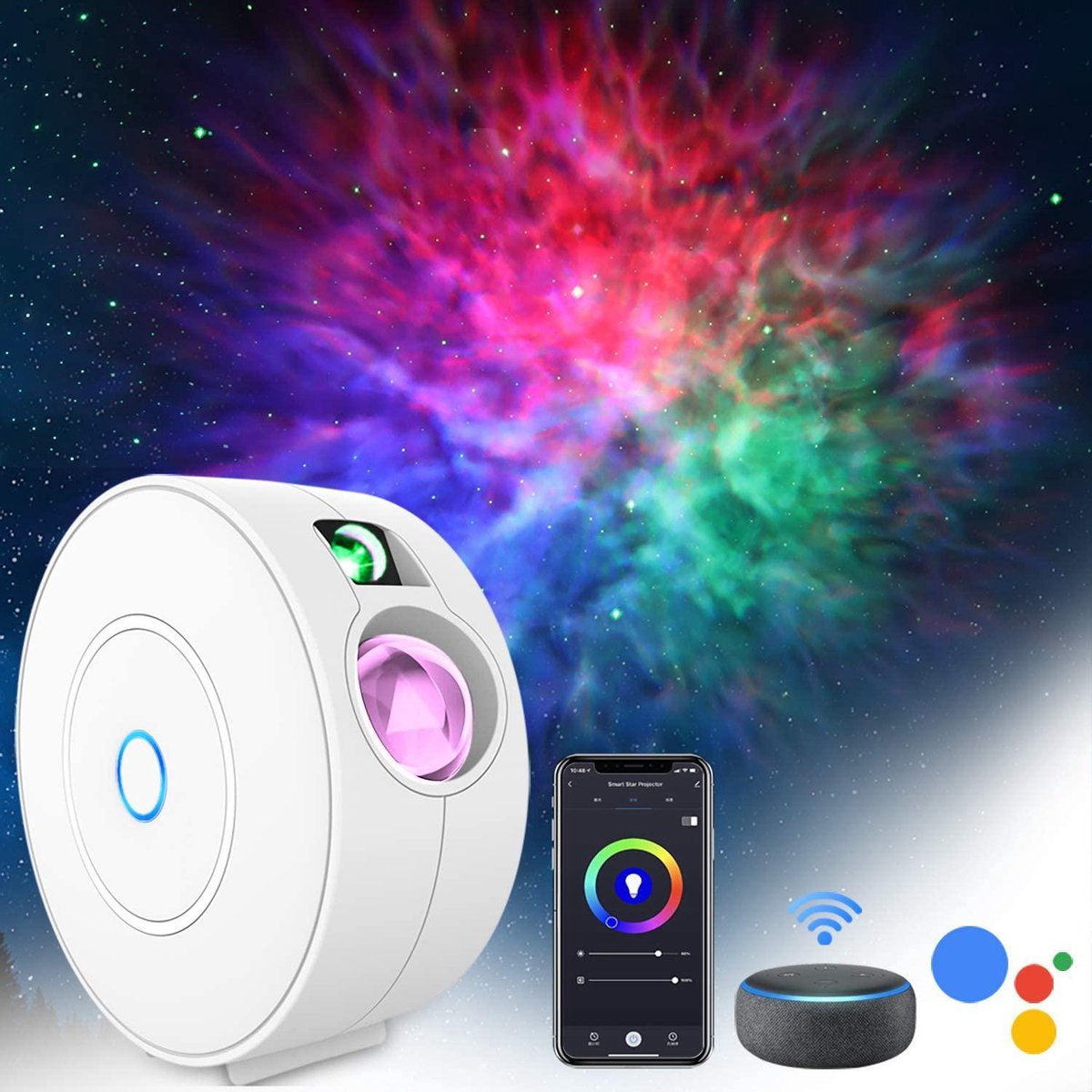Gutos LED Alexa Google sterrenhemel projector - Galaxy projector - Galaxy lamp - Sterrenhemel lamp Wit - Volwassenen - Verlichting - Hemel projector - Plafond projector met bluetooth - Kinderen - Star projector - Sterren projector