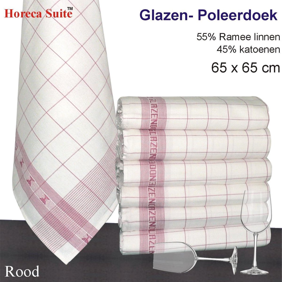Homéé® Glazendoek - Poleerdoeken jacquard rood ruiten 65x65cm - set van 12 stuks - 50% Ramee linnen 50% katoen