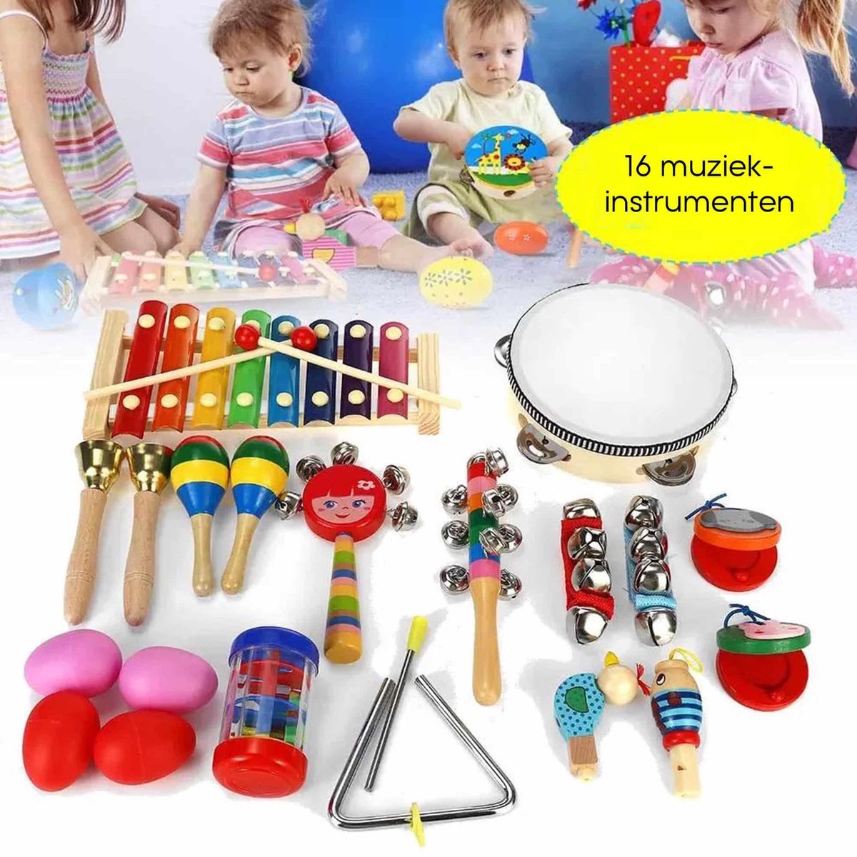 Buxibo Muziekset 21 Delig Inclusief Opbergtas -  Speelgoedinstrument voor Kinderen - Handbelletjes/Triangel/Sambabal/Trommel/Fluit - 16 Verschillende Instrumenten