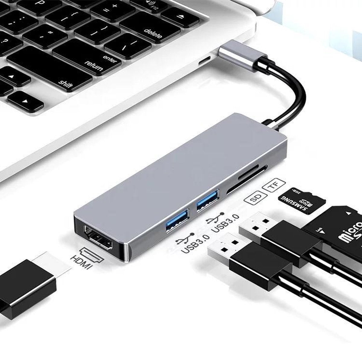 LOUZIR  5 in 1 Aluminium USB-C Hub Adapter - 1x HDMI / 2x USB 3.0 / 1x SD TF Cardreader - Macbook Pro / Surface Book / Dell XPS / Asus Zenbook / MSI / Lenovo Yoga / HP Spectre / Samsung S9 / Plus / S8