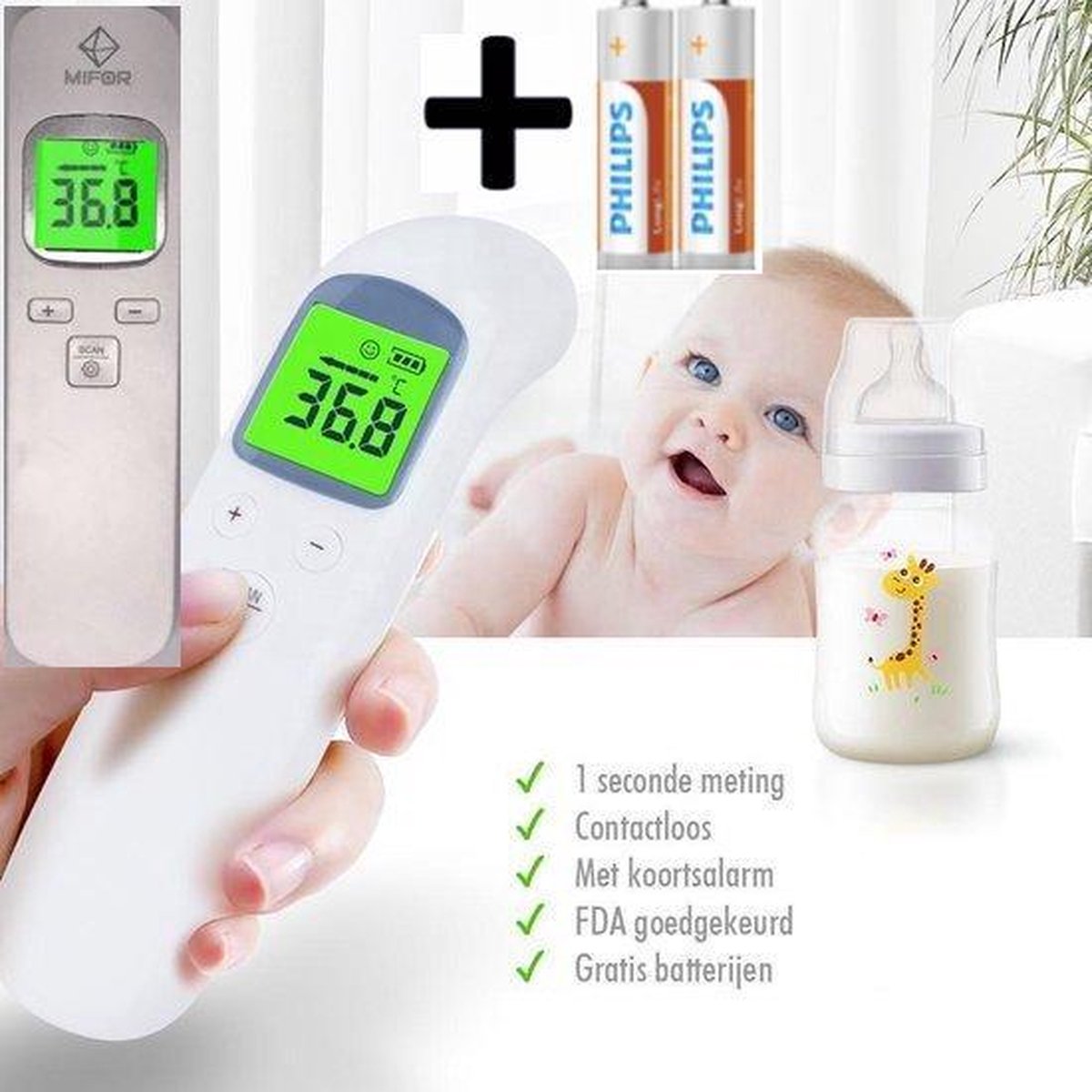 MIFOR®  Professionele Infrarood Thermometer - GRATIS BATTERIJEN - 1 SECONDE METING - Display Kleurverandering bij verhoging - Kleur Wit