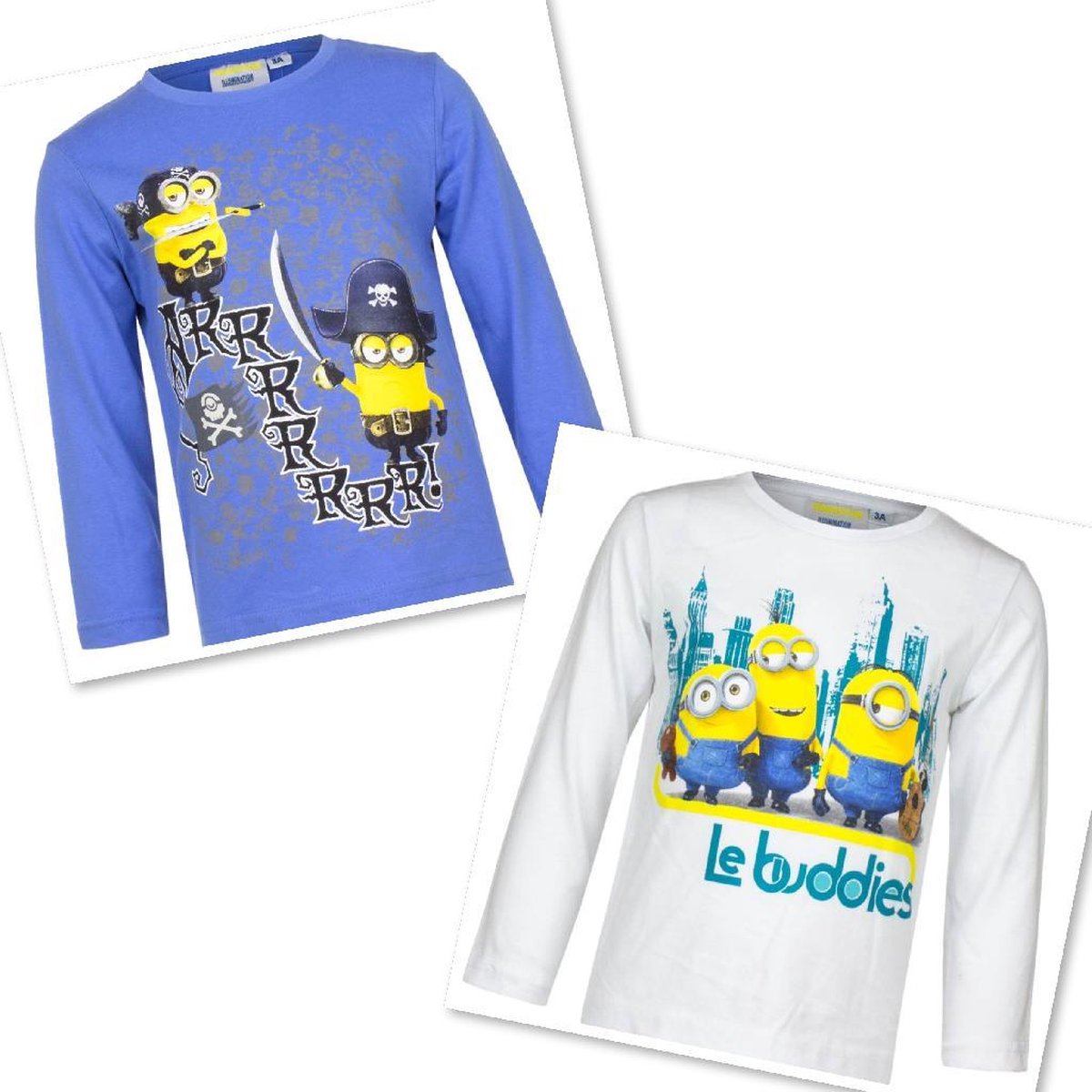 Minion shirt met lange mouw -  Set van 2 - blauw+wit - maat 98/104 (4 jaar)