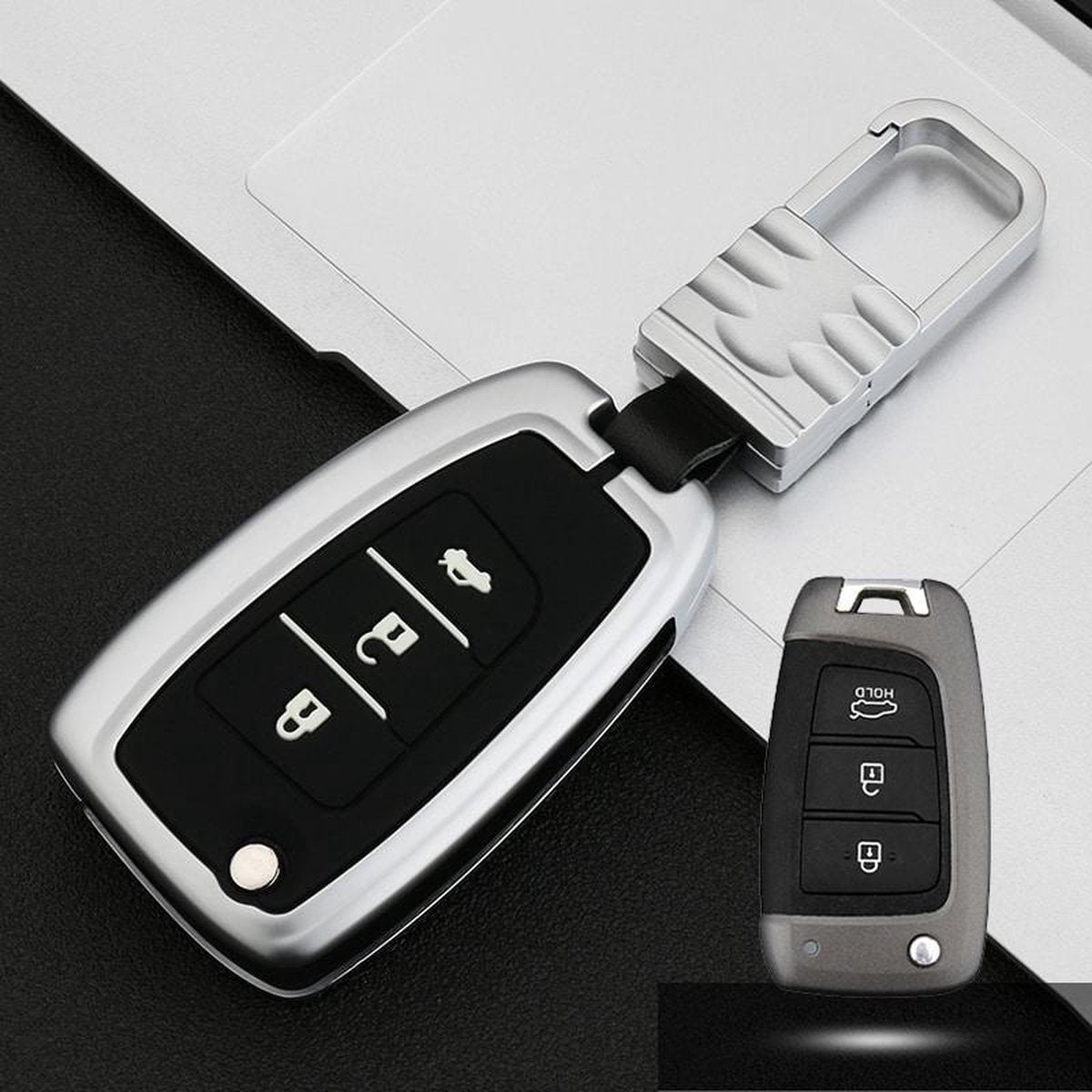 Auto Lichtgevende All-inclusive Zinklegering Sleutel Beschermhoes Sleutel Shell voor Hyundai J Stijl Vouwen 3-knop (Zilver)