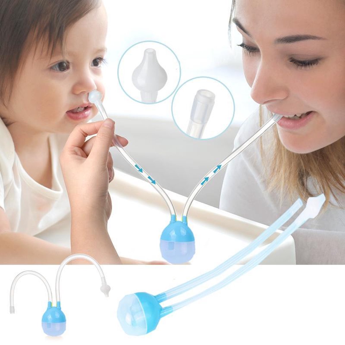 WiseGoods - Baby Neuszuiger - Baby Neusreiniger - Neussnuiter - Neuspompje - Toetenveger - Snoetenpoetser - Tegen Verkoudheid - Baby Hulp - Verschonen neus - Blauw