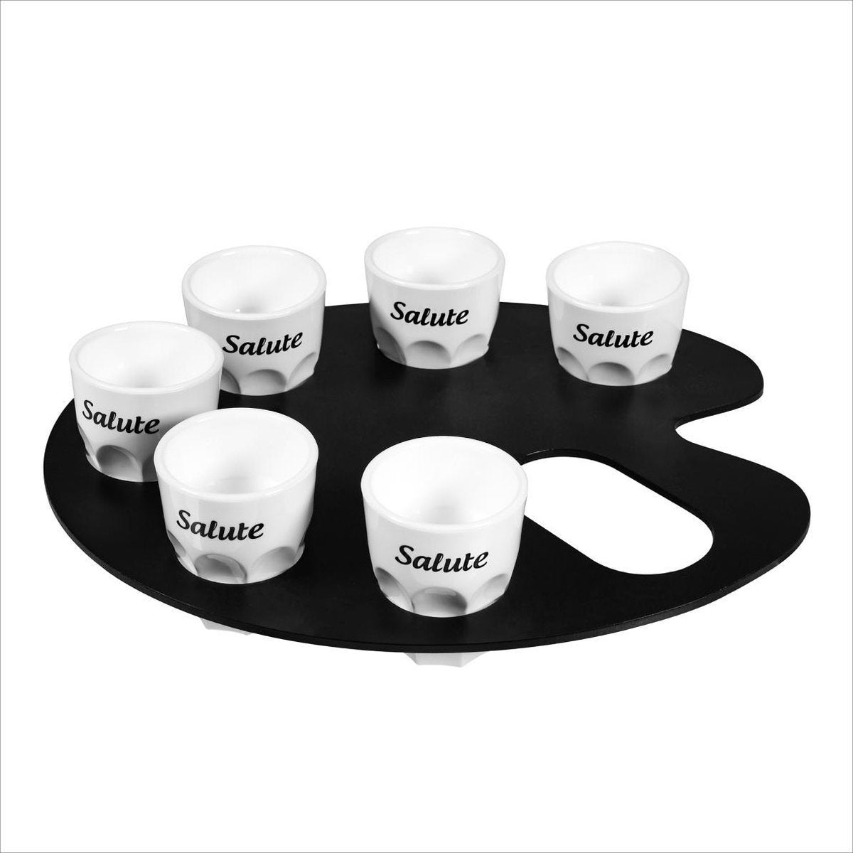 Shot glaasje set - 6 onbreekbare shot glaasjes met tekst - Salute - met handige draagtray