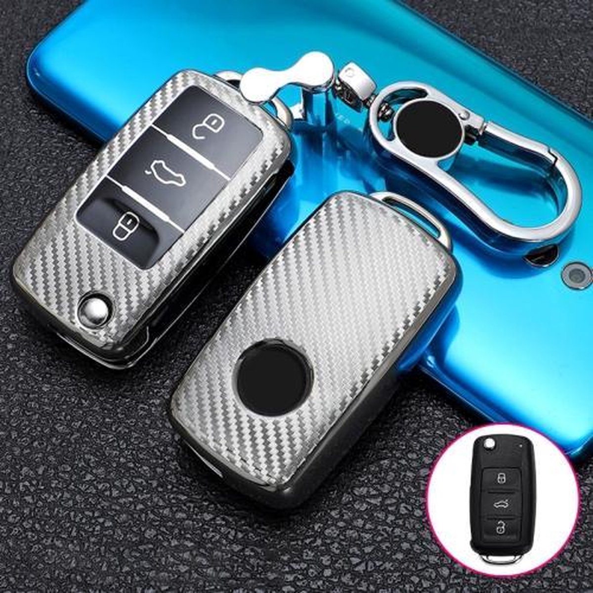 Voor Volkswagen vouwen 3-knops auto TPU sleutel beschermhoes sleutelhoes met sleutelring (zilver)