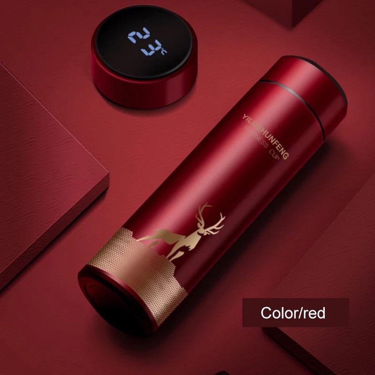 YILUSHUNFENG Drinkfles met LED Scherm en Theefliter - Thermosfles - Thermoskan - Slimme Thermosbeker - Isoleerfles - Temperatuur LED Display - Koffiebeker - Drinkflesssen - RVS - Geïsoleerde 500ml - Rood