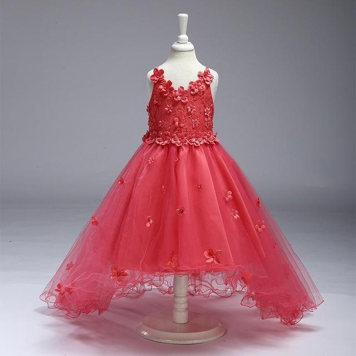 Meisjesjurk | Prachtige elegante tulen prinsessenjurk | Wit | Feestjurk met bloemetjes en kant | Jurk met bloemen | Bruidsmeisjesjurk met parels
