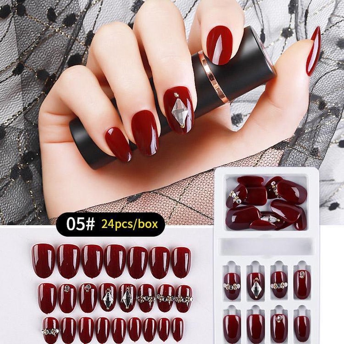 Herbruikbare Kunstnagels Strass #5 Wijnrood 24st.