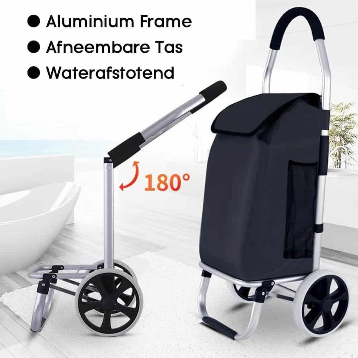 Trolley voor Boodschappen – Stevige Opvouwbare Boodschappentrolley Handige Traploper – Ruime Trolley Wagen met Tas – Zwart