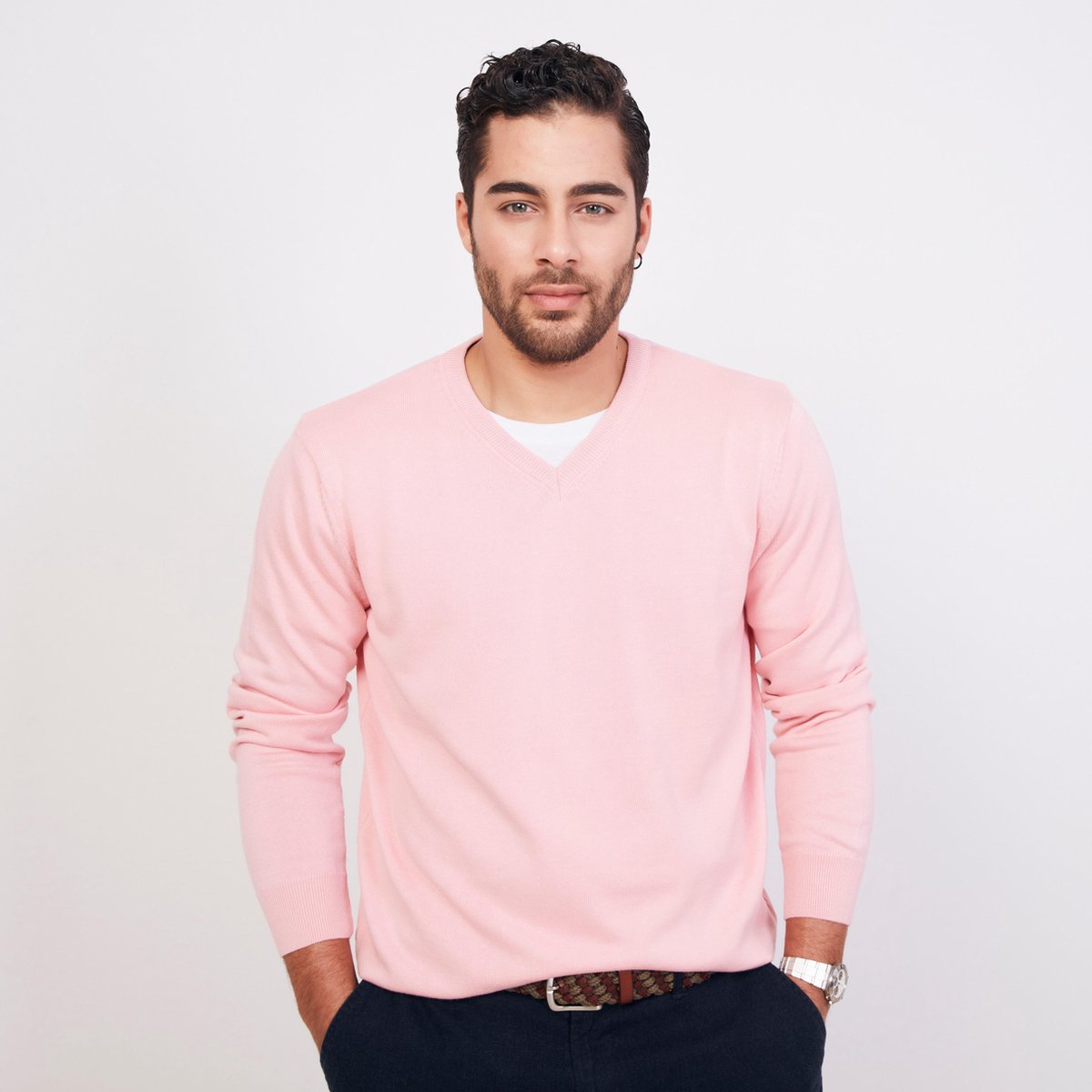 ULTRAMARINE Trui Heren met V Hals - Sweater Heren met Lange Mouwen - Truien Heren Volwassenen - Sweatshirt Heren - Longsleeve Heren - Trui Mannen - Pullover - Roze - M