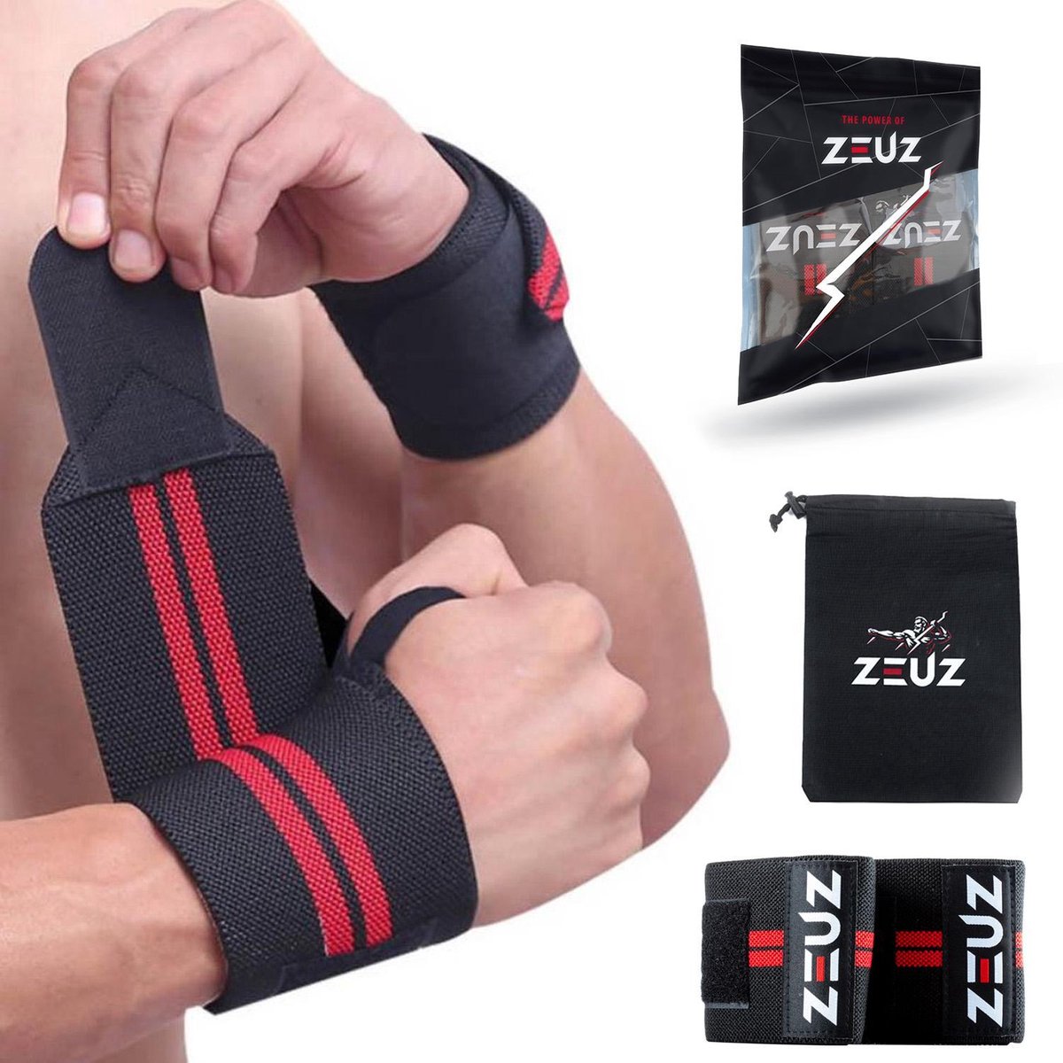 ZEUZ® 2x Fitness & CrossFit Polsband - Wrist wraps – Krachttraining – Polsbrace – Rood & Zwart