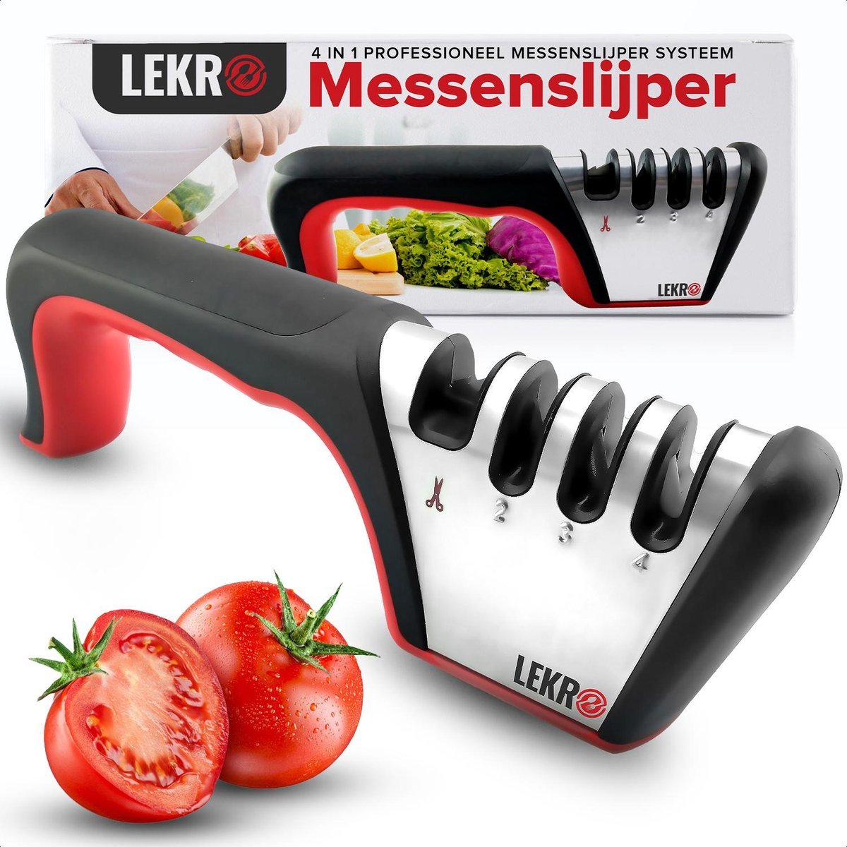 Lekro Messenslijper – Messen en Scharen Slijper 4-in-1 – Met Veiligheidshandschoen en Anti-slip- bodem – Ergonomisch handvat – Diamant
