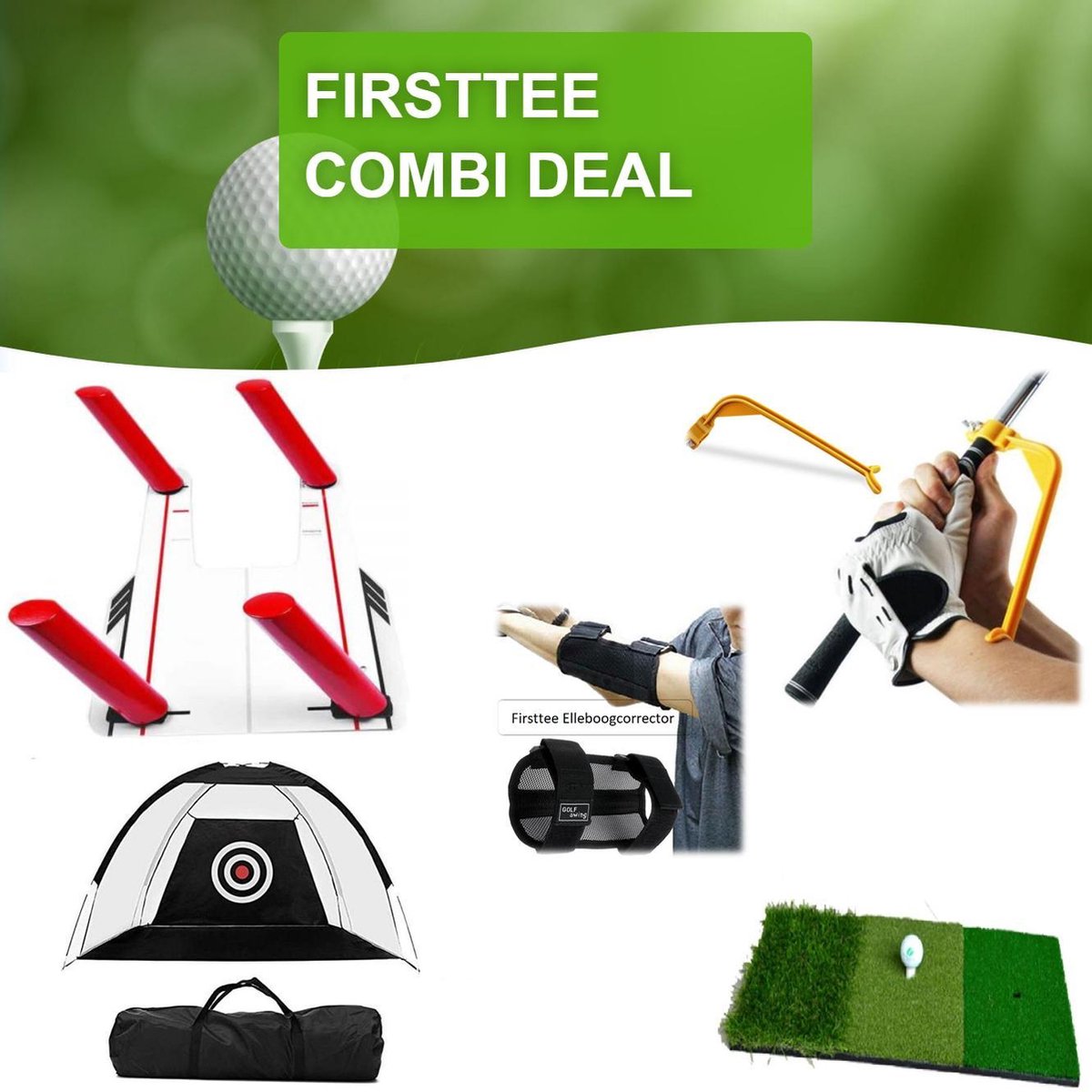 Firsttee - COMBI DEAL - STUNTPRIJZEN - Elleboogcorrector + Swing Guide + Chippingnet + Chippingmat + Swingtrainer + Premium speedtrap  - Golfswing - Golf sport - Trainer - Golf accessoires - Golftrainingsmateriaal - Cadeau - Swing - Golfset - Golfbal