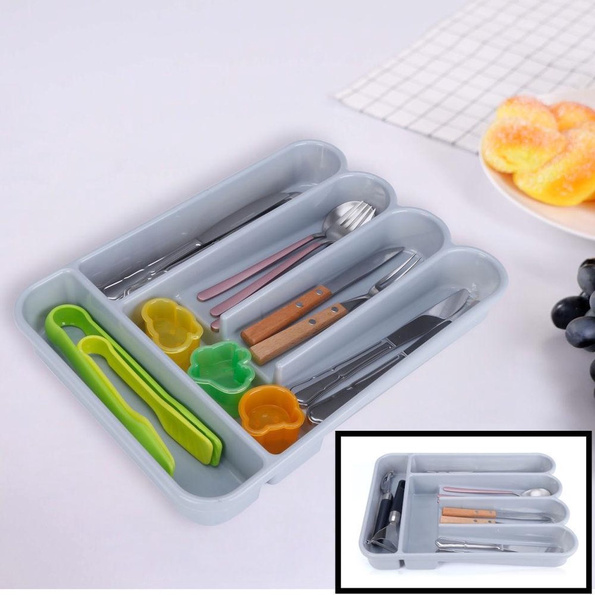 Decopatent® Besteklade - Met 5 Vakken - Bestekbak - Kunstof - Bestekbakken - Keukenla bestek organizer - 26 x 35.3 x 4.9Cm - Grijs