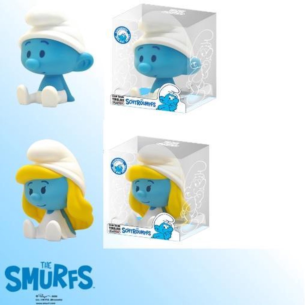 2 Kleine smurfen spaarpotjes (Ca 12 cm) smurfin en smurf Plastoy
