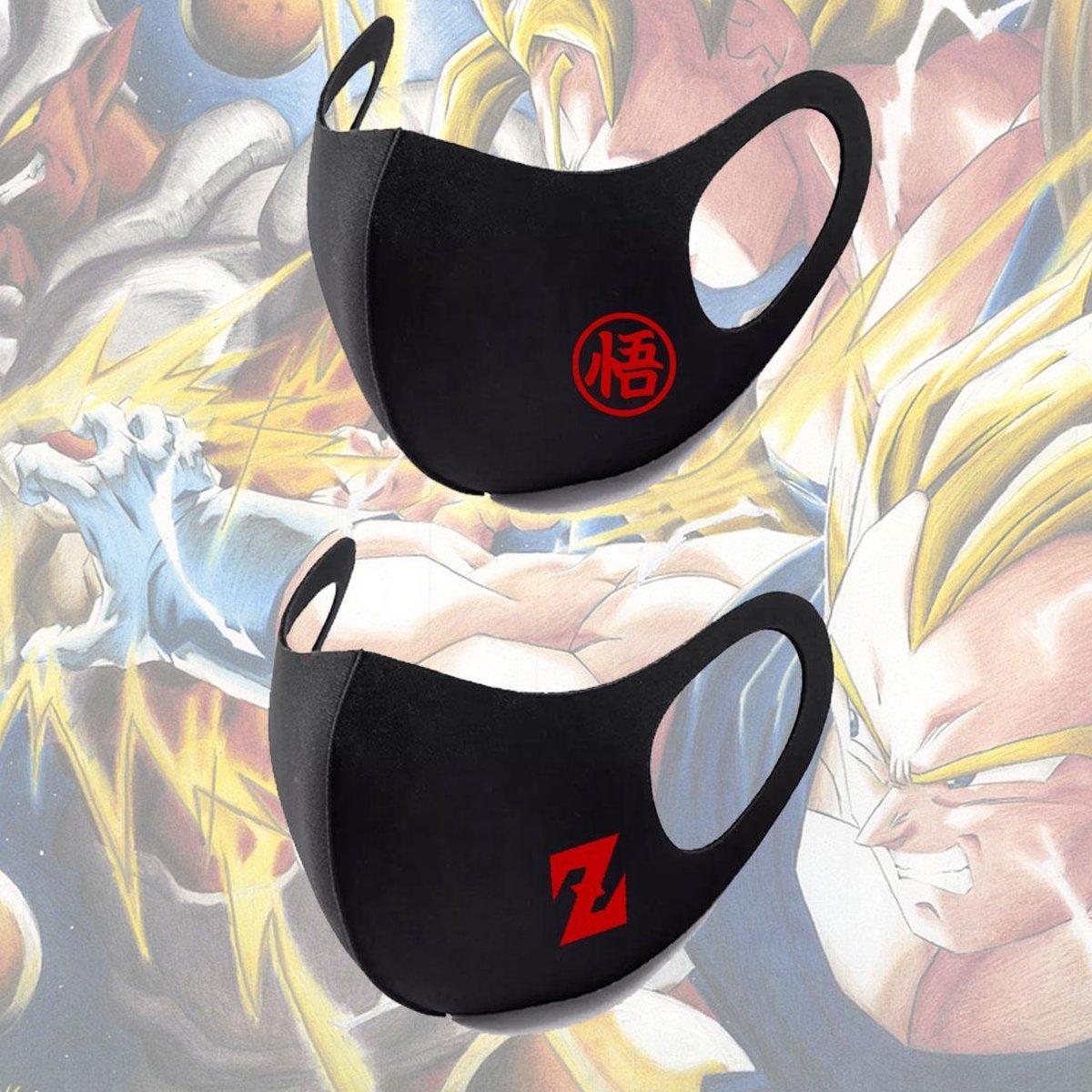 2x Niet-Medisch Anime Weeb Mondkapje | Cadeau voor otaku en gamer | Drakenbollen | Kakarot Goku Vegeta Trunks | One Size | Duurzaam | Geschikt voor OV | Wasbaar | Draagcomfort | Elastiek | Zwart