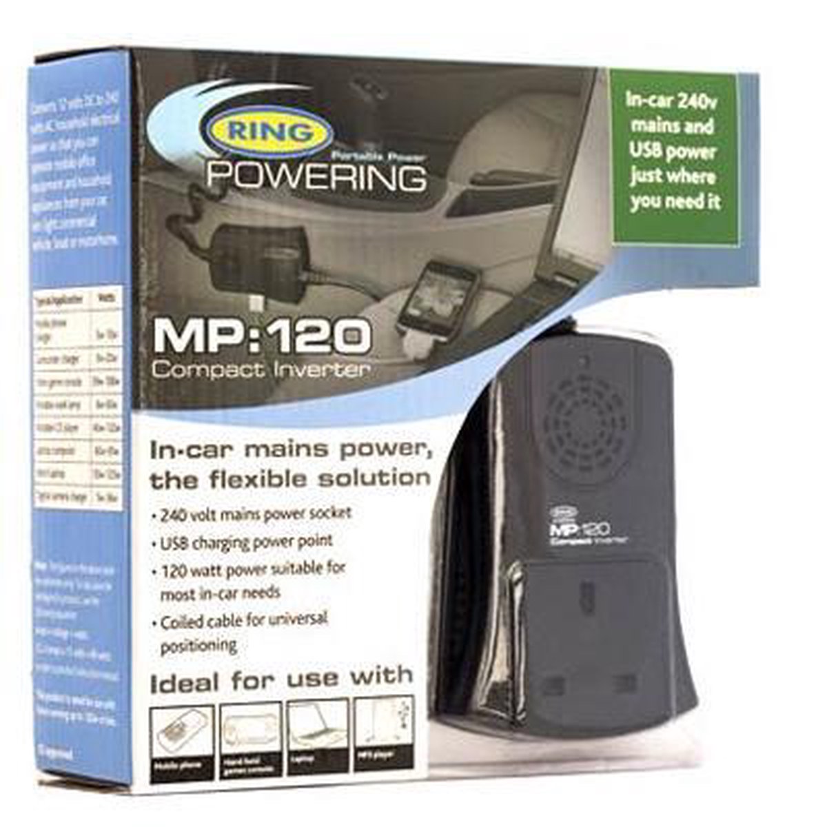 Ring Omvormer MP120 12volt naar 230volt - MP120 met USB