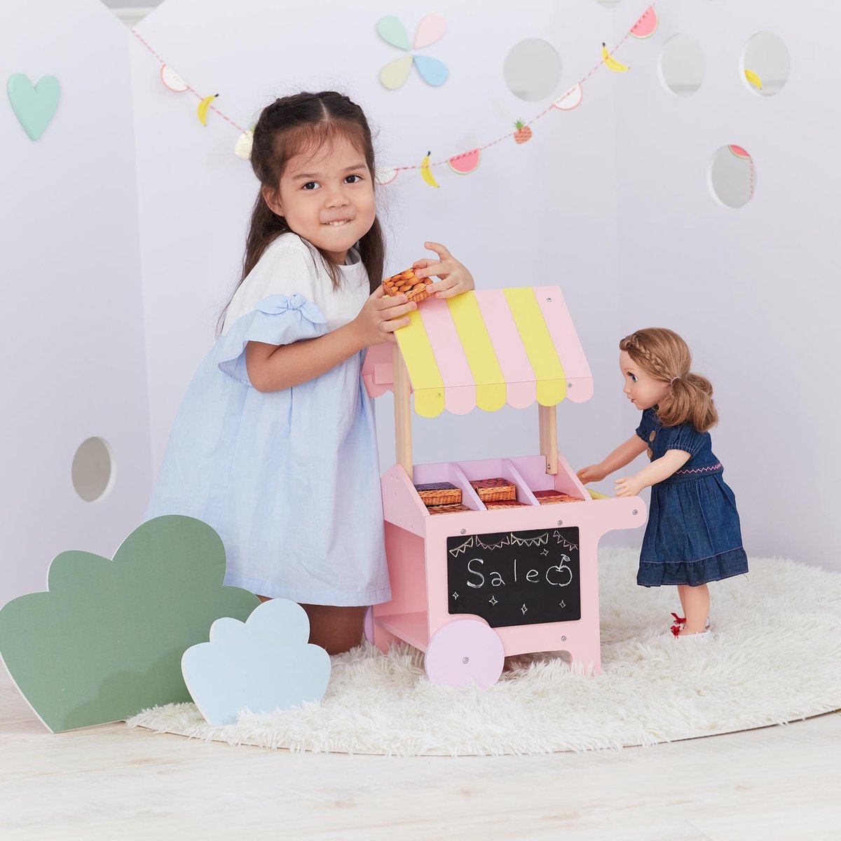 Olivia's Little World Houten fruit-en gebakkarretje voor poppen van 40cm TD-12879A