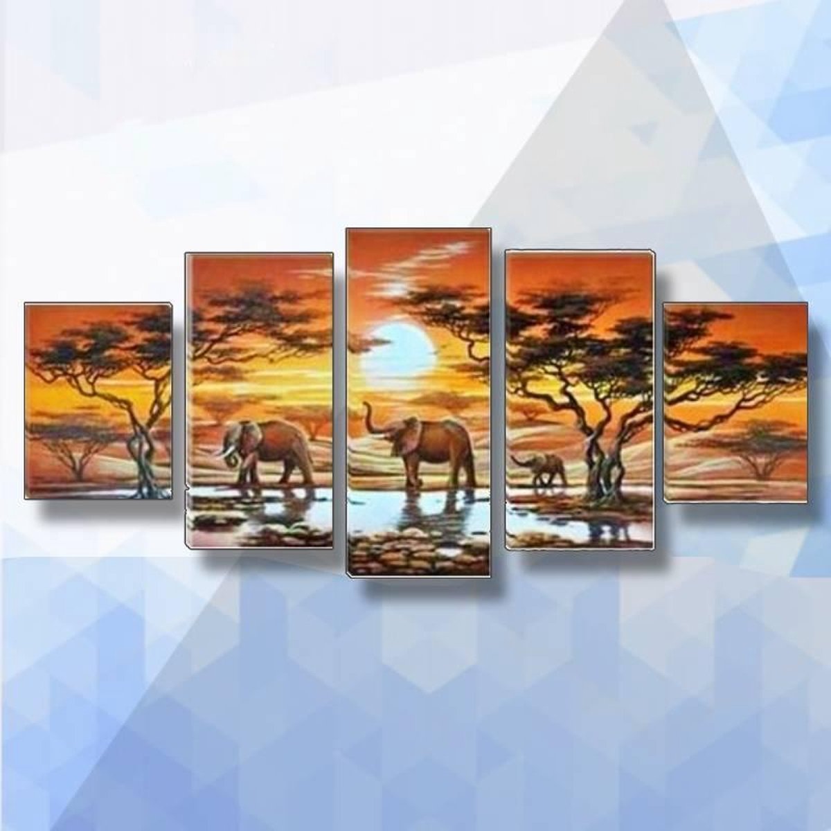Diamond Painting Pakket Olifanten Bij Zonsondergang 5-luik - vierkante steentjes - 100 x 55 cm