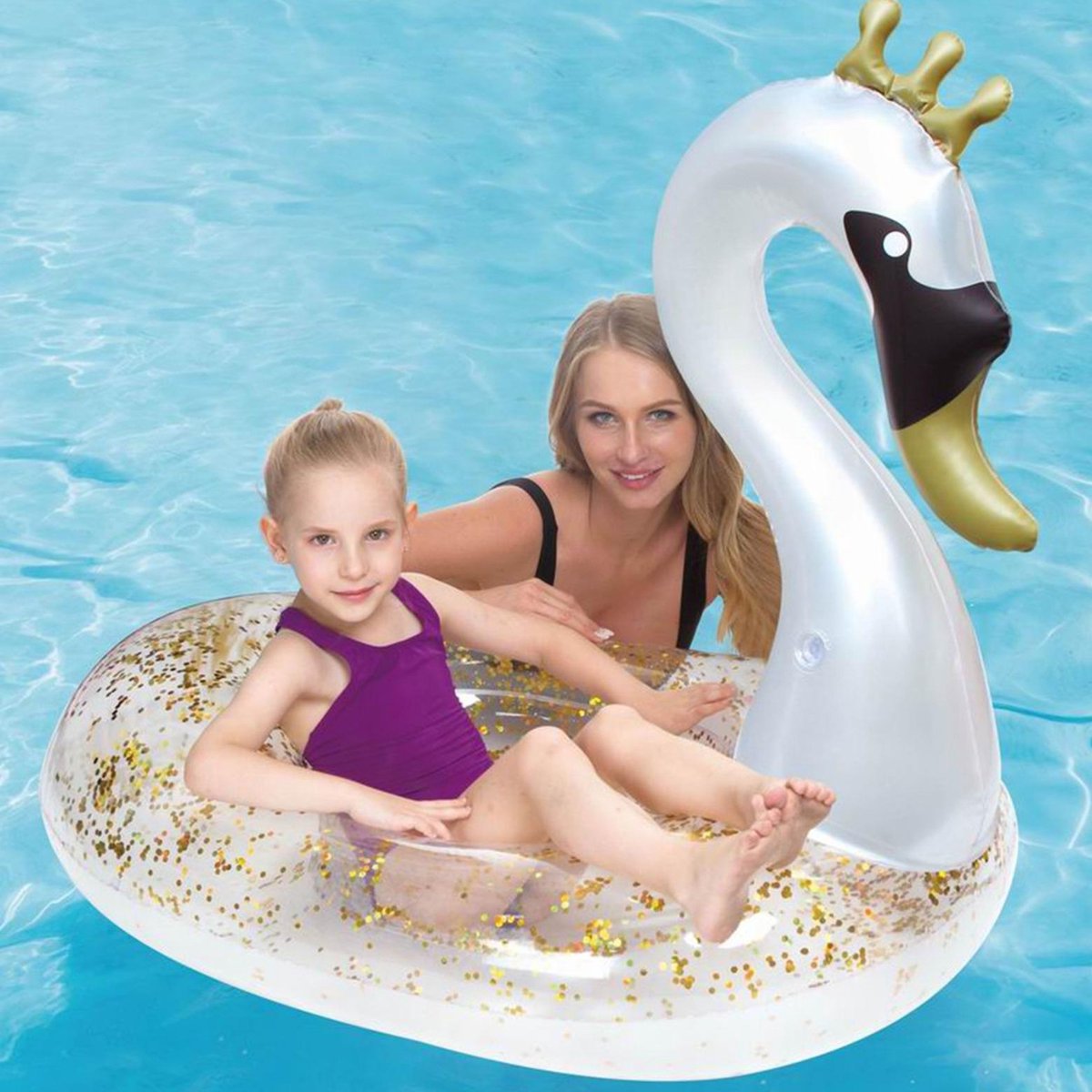 Zilver/gouden zwaan opblaasbare ride-on/luchtbed 71 x 113 x 90 cm speelgoed voor kinderen - Opblaaszwaan opblaasdieren - Buitenspeelgoed zwanen luchtbedden/ride-ons - Waterspeelgoed