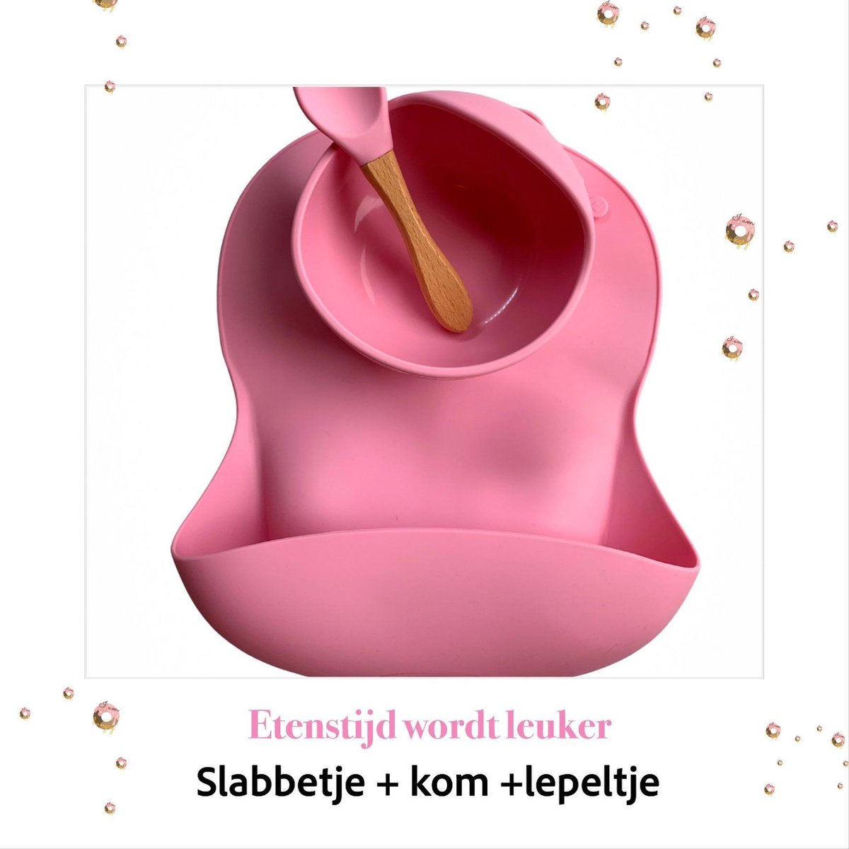MORFRE Siliconen Kinderservies Set-Baby Siliconen Set -Slabbetje-Bord-lepeltje-Bestek-Slabbetje met Opvangbakje-Spuugdoekje-Kom met Zuignap-BPA vrij-Eco Friendly-Waterproof-Bowl-Bib-Rose.