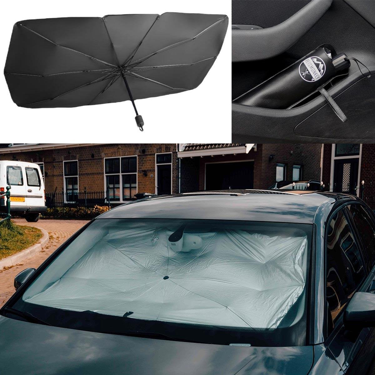 Reismonkey Auto Zonnescherm – Paraplu Zonnescherm voor Voorruit – 130/145 x 79 cm – Zwart – Lederen verpakking - Auto Accessories